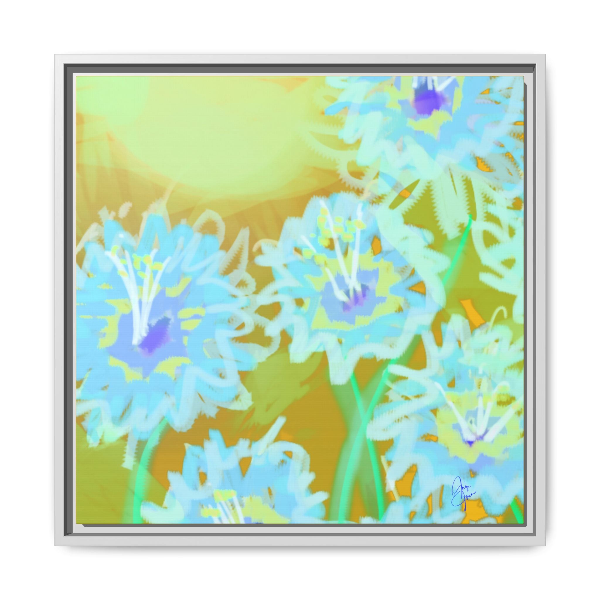 Framed Floral Canvas Art — Blue & Yellow Abstract Bouquet (Matte)