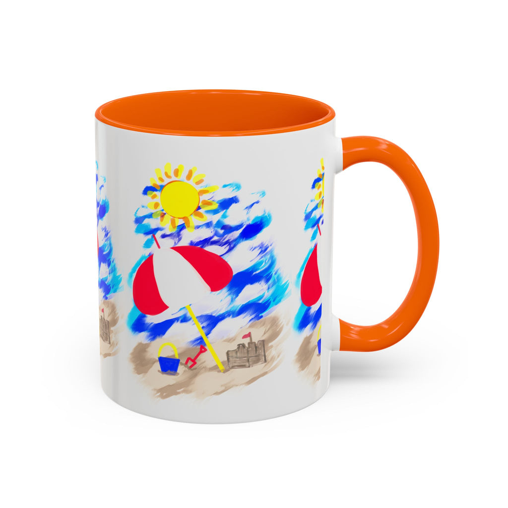 Beach Scene Coffee Mug – Summer Umbrella, Sun & Sandcastle Accent Mug