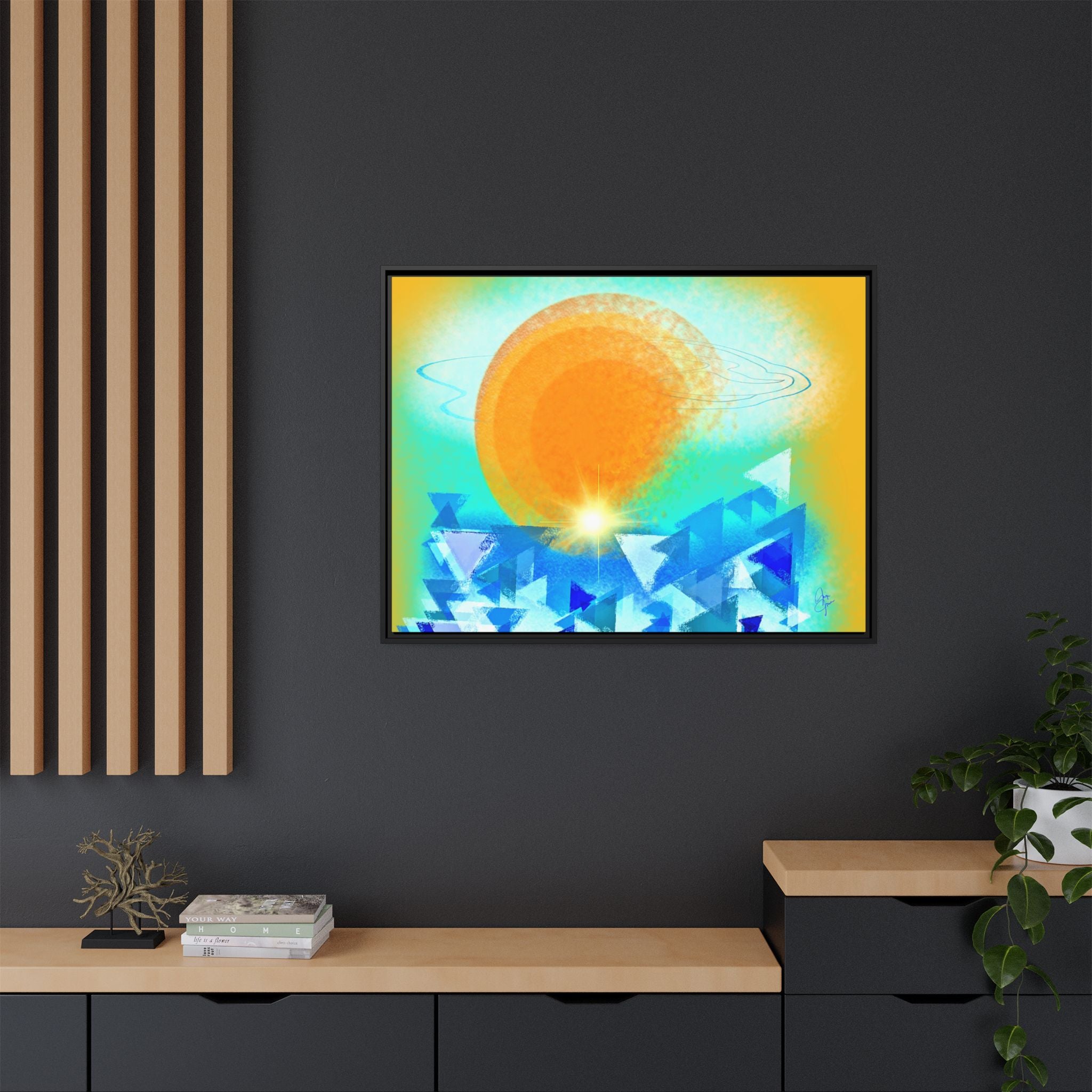 Abstract Sunrise Framed Canvas Art – Orange Sun Over Blue Geometric Waves
