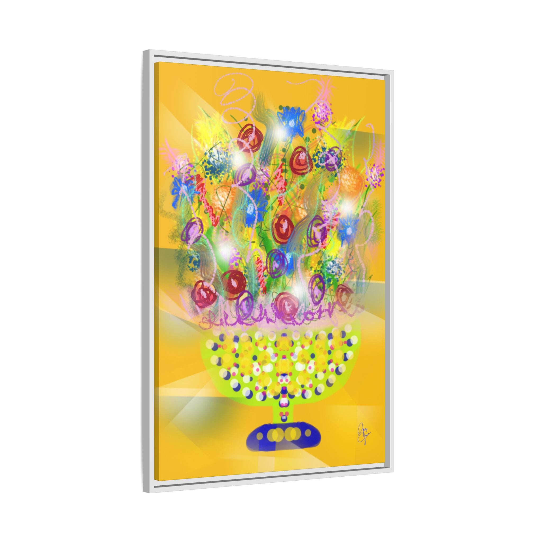 Framed Canvas Art - Colorful Festive Bouquet on Deep Blue Matte