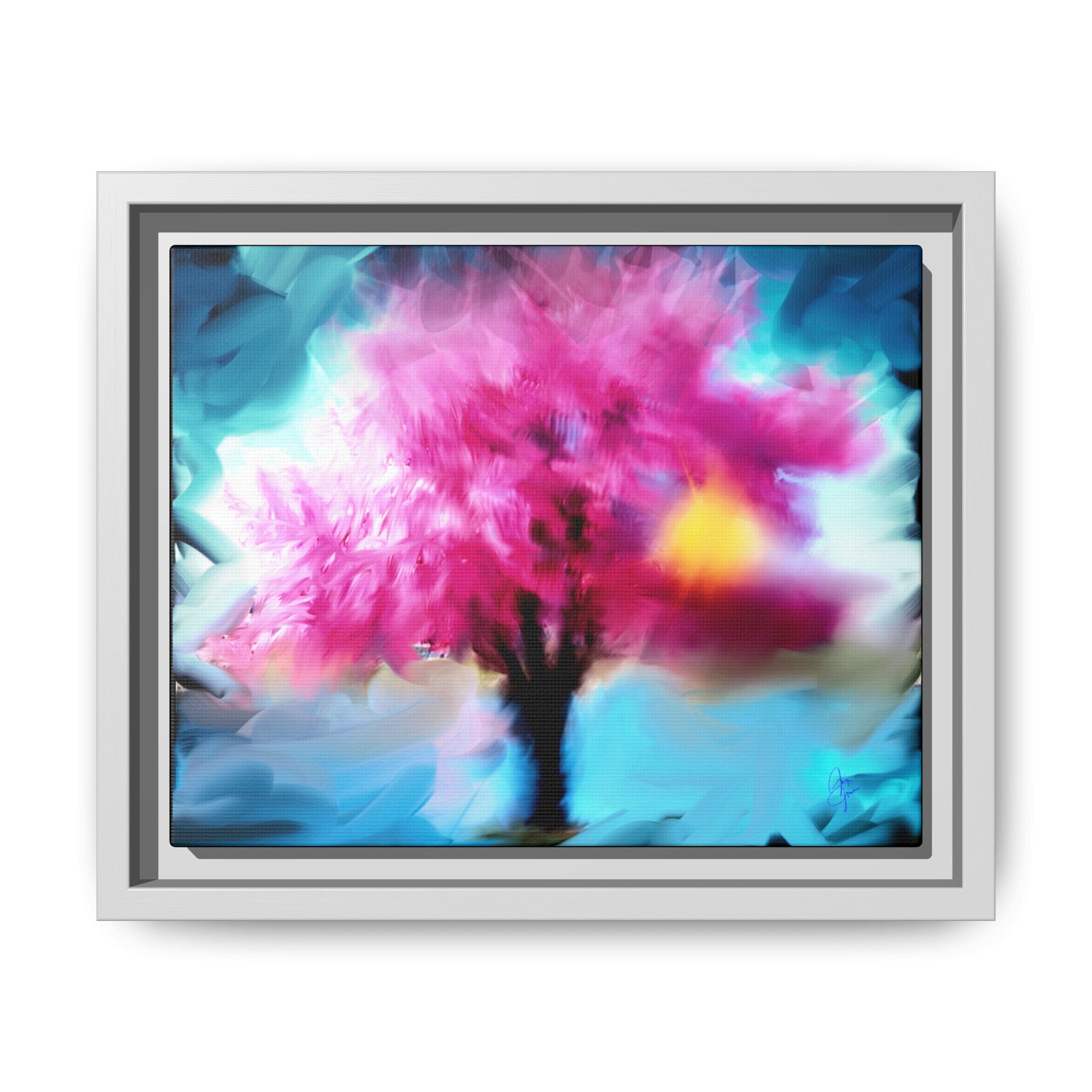 Framed Abstract Blossom Canvas — Vertical Pink & Blue Wall Art