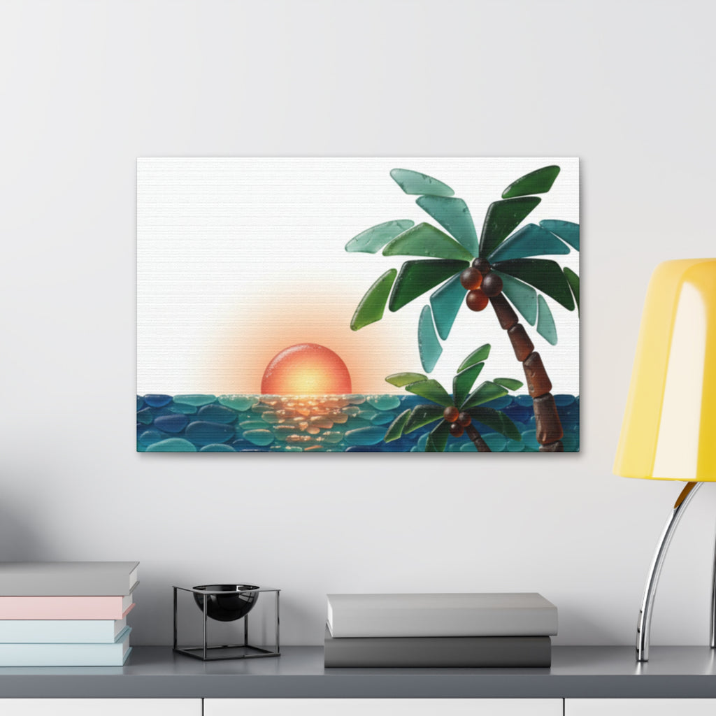 Tropical Sunset Canvas Wall Art — Palm Tree Beach Seascape Stretched Canvas
