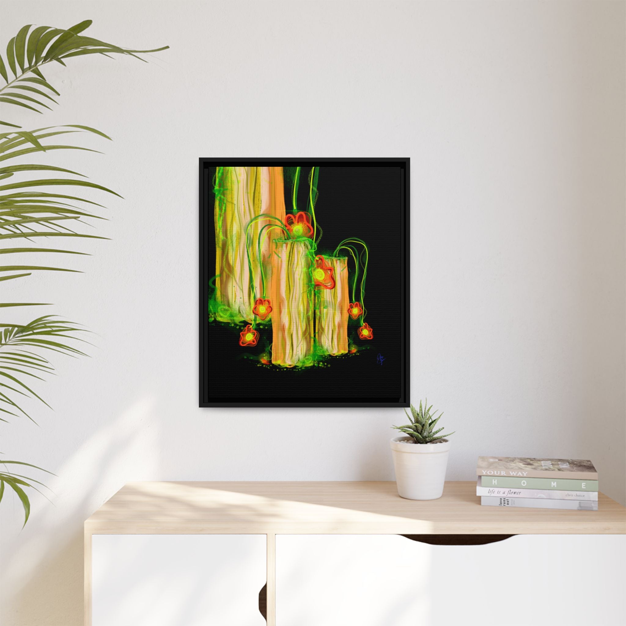 Framed Matte Canvas Print — Neon Floral Candlelight Art
