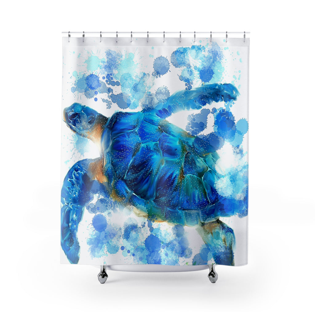 Sea Turtle Shower Curtain — Blue Watercolor Ocean Bath Decor