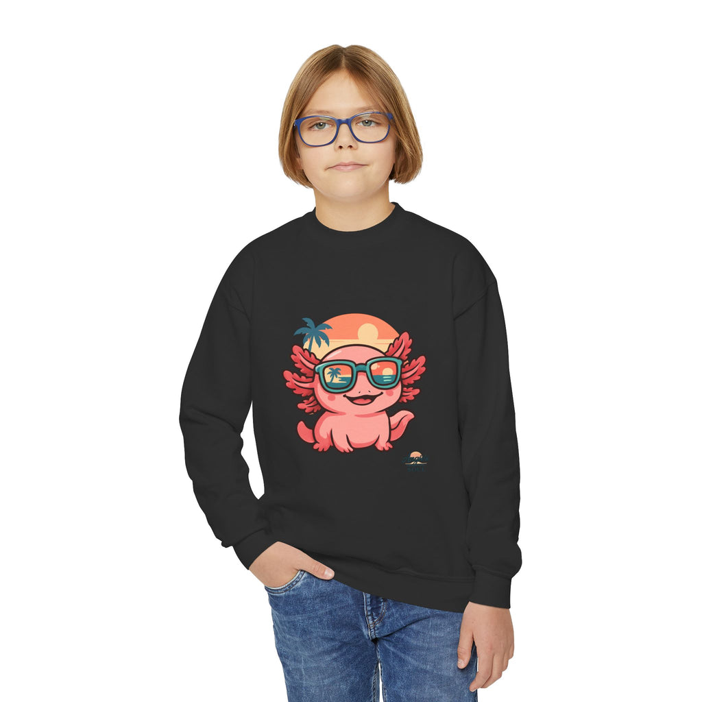 Axolotl Crewneck Sweatshirt — Cute Pink Axolotl with Sunglasses & Sunset