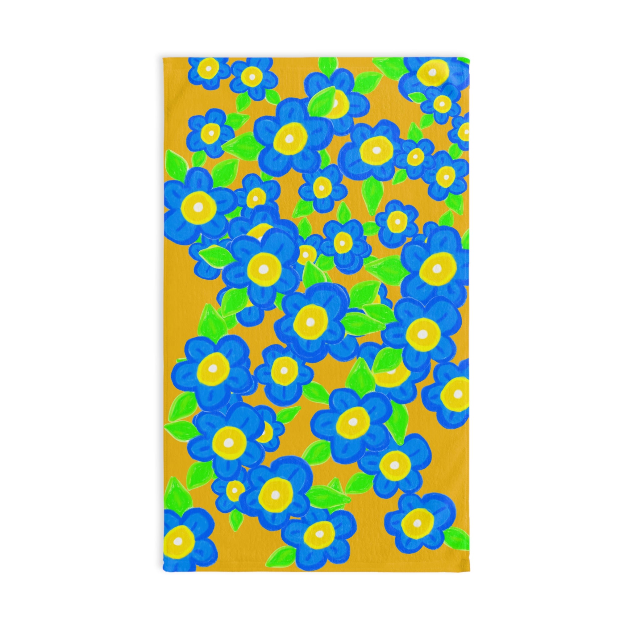 Blue Daisies Floral Hand Towel — Bright Yellow Retro Flower Kitchen & Bath Accent