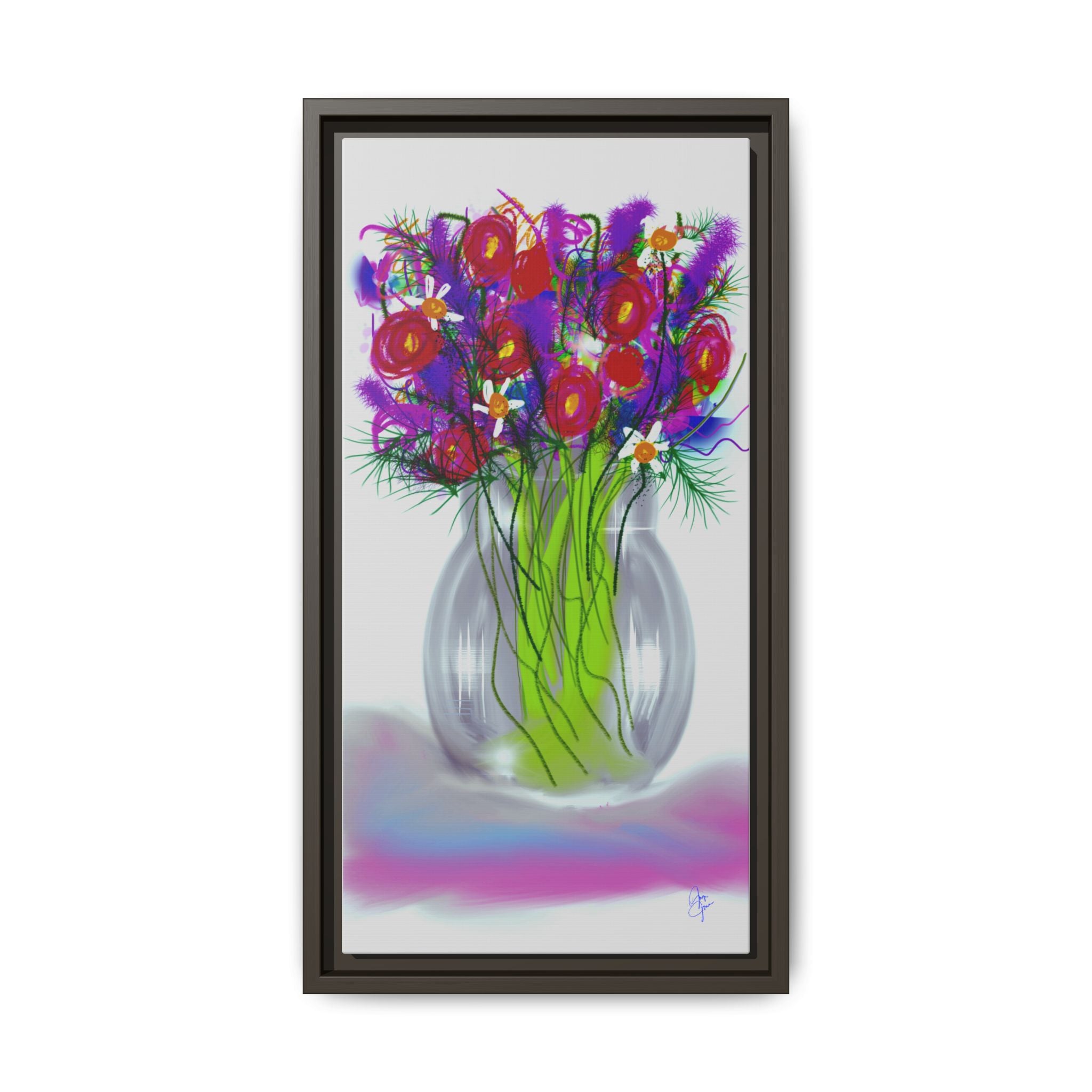 Framed Floral Bouquet Matte Canvas Wall Art — Colorful Abstract Flowers in Vase