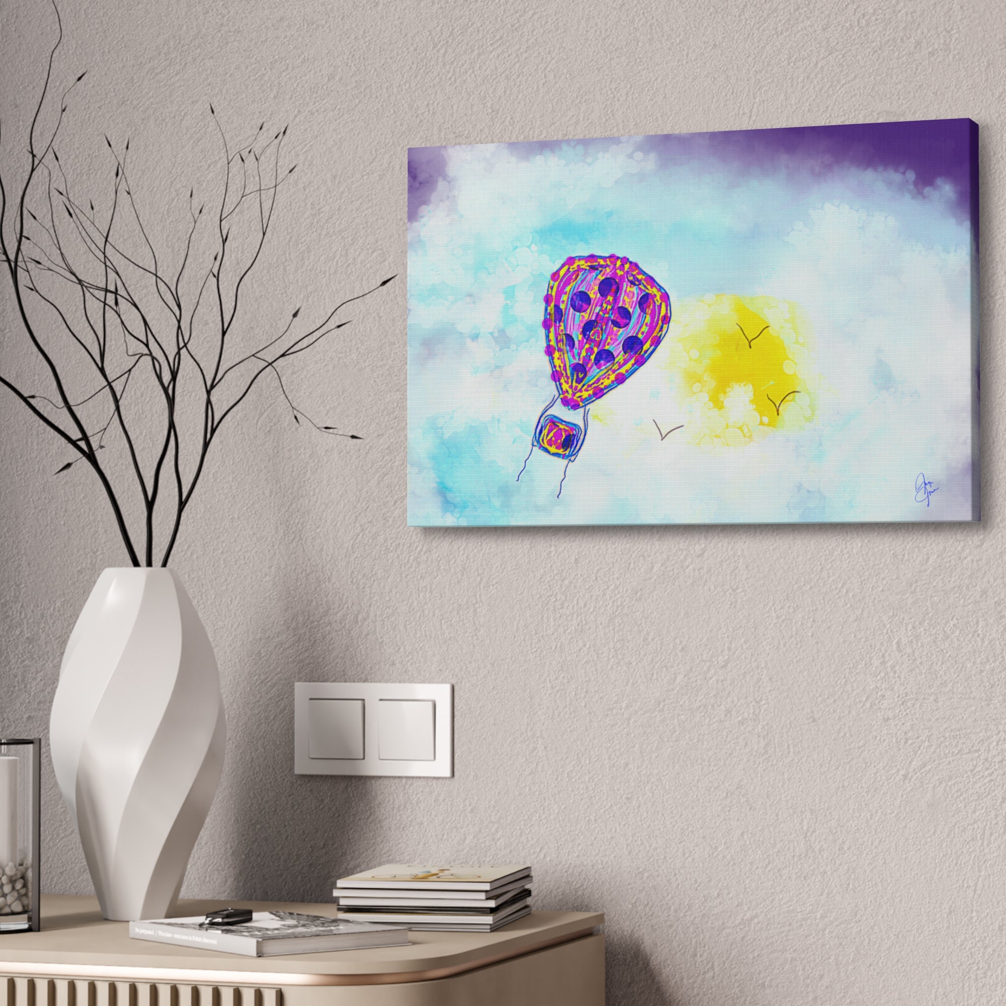 Hot Air Balloon Canvas Art – Whimsical Sunshine Nursery Wall Décor (Stretched Canvas)