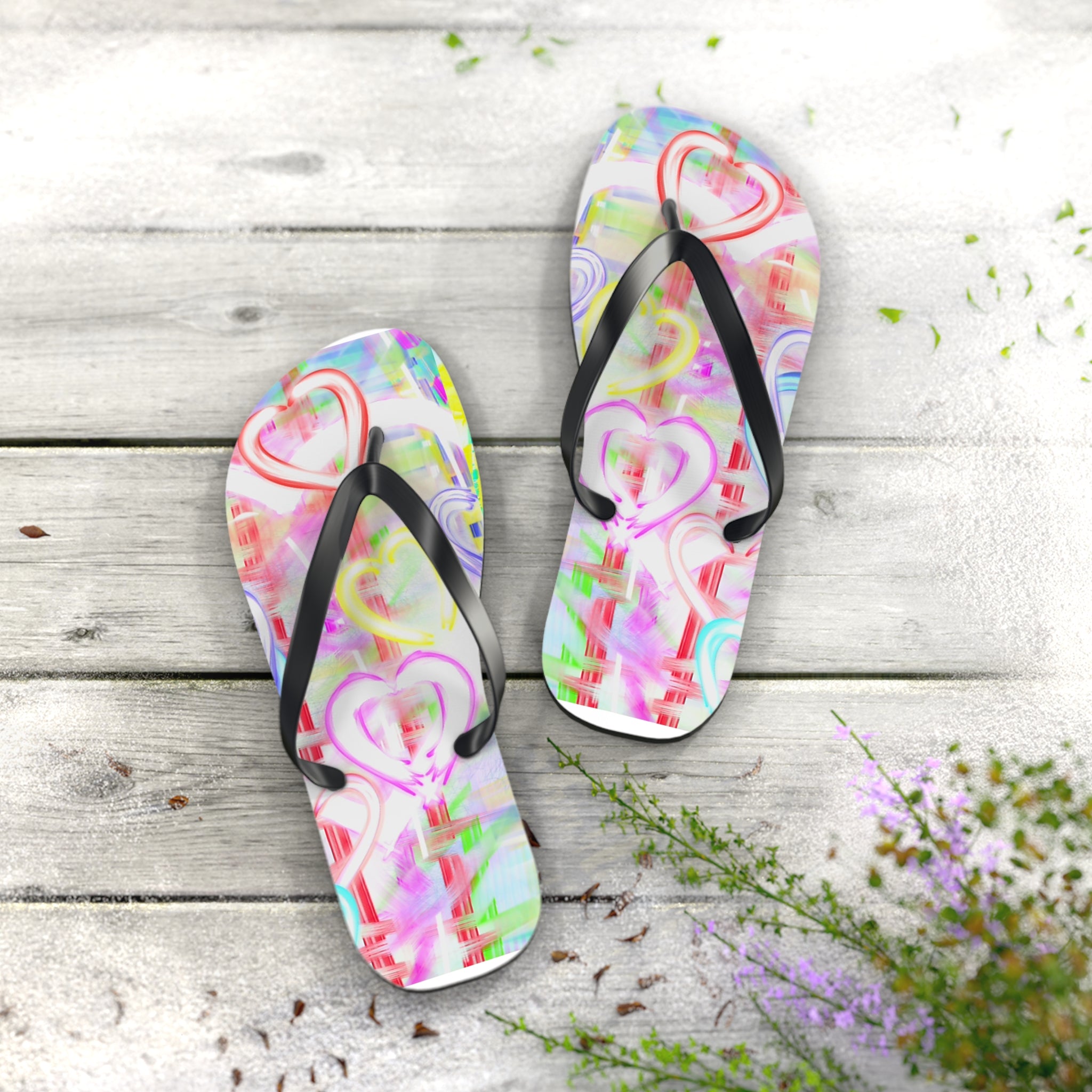 Heart Pattern Flip Flops — Pastel Neon Love Beach Sandals