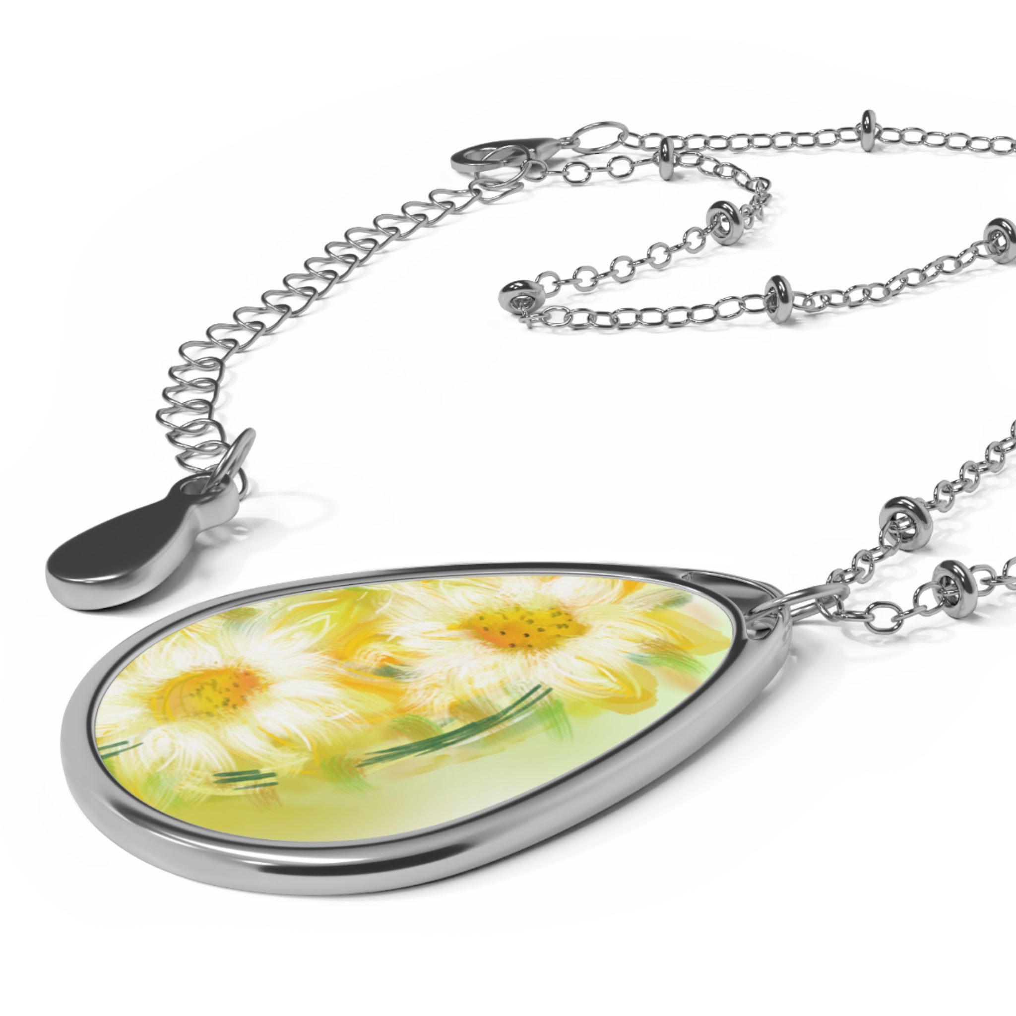 Daisy Oval Pendant Necklace — Handpainted Yellow Floral Teardrop Jewelry