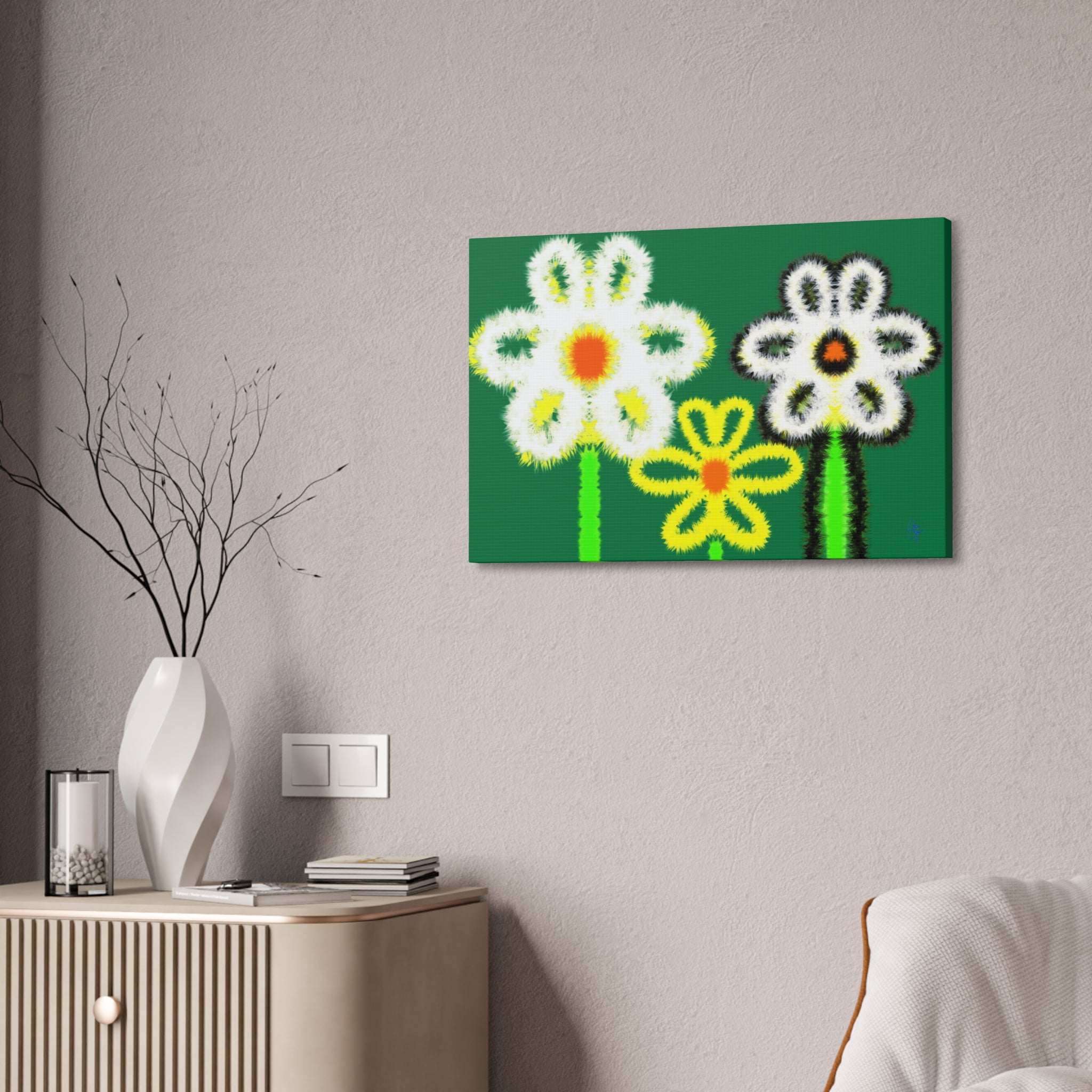 Bright Fuzzy Daisies Canvas Art — Yellow Floral Wall Decor, Stretched 1.5"