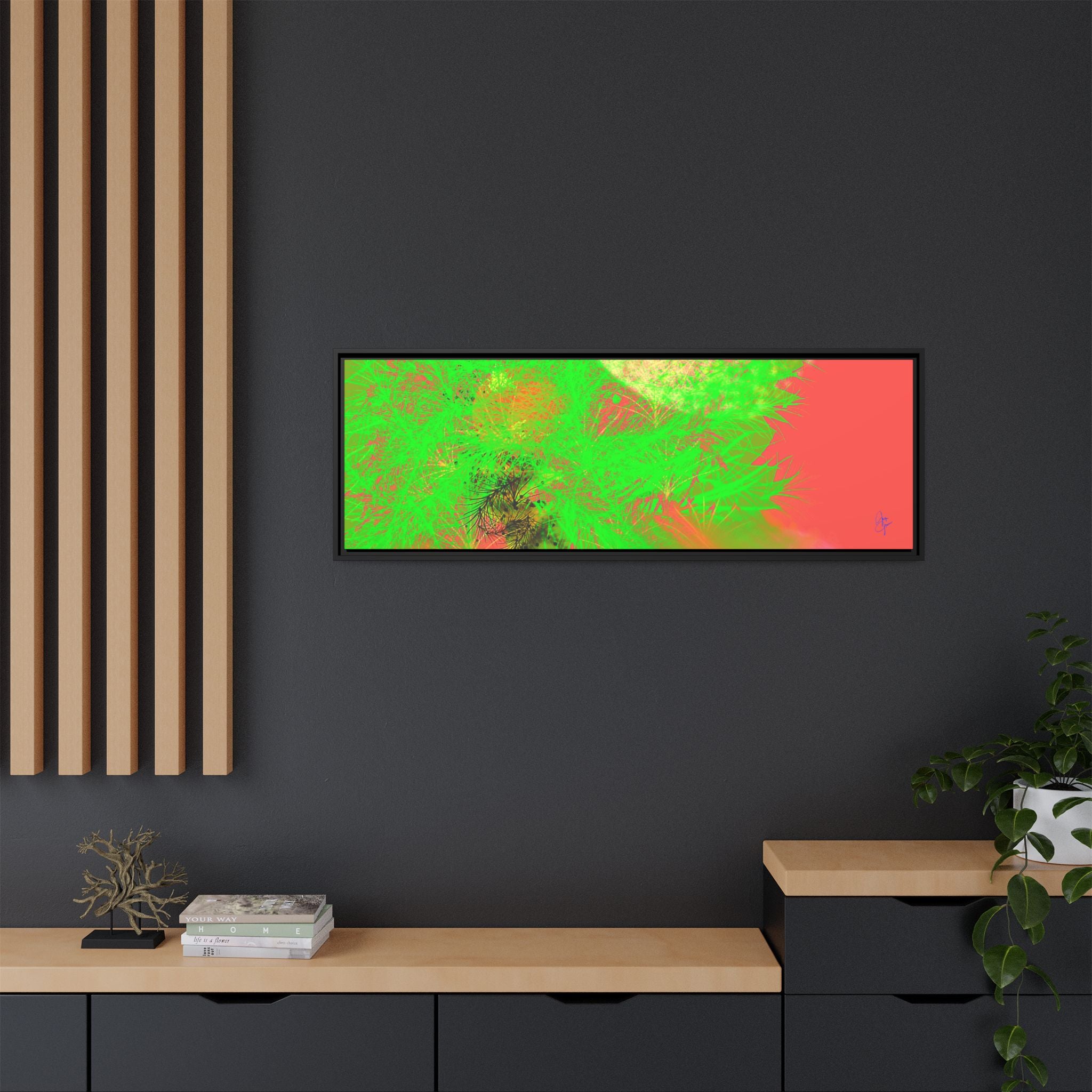Abstract Neon Tree Matte Canvas Framed Art — Vibrant Green Moon Landscape