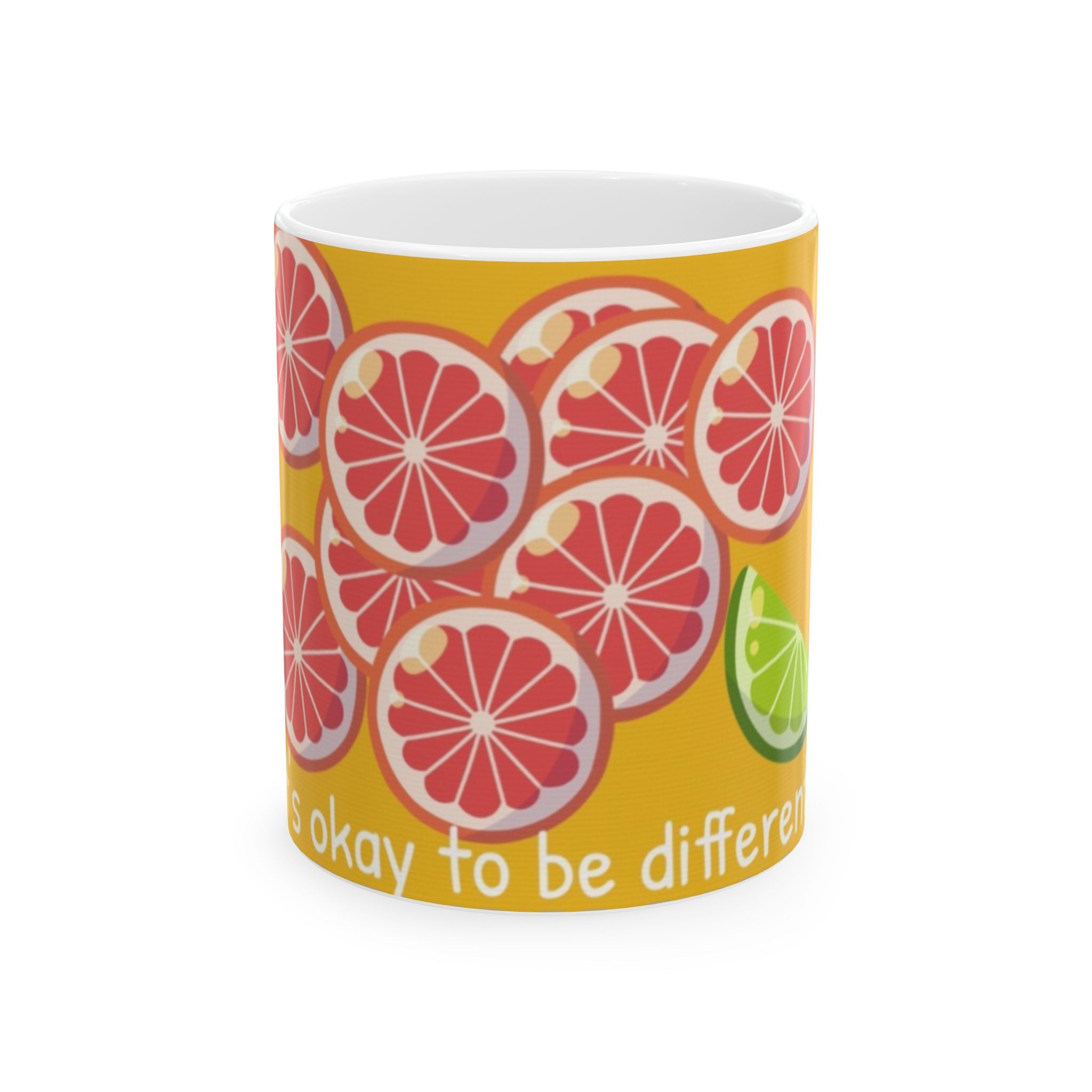 Citrus Slice Ceramic Mug – "It's Okay to Be Different" Colorful Grapefruit & Lime Coffee Cup