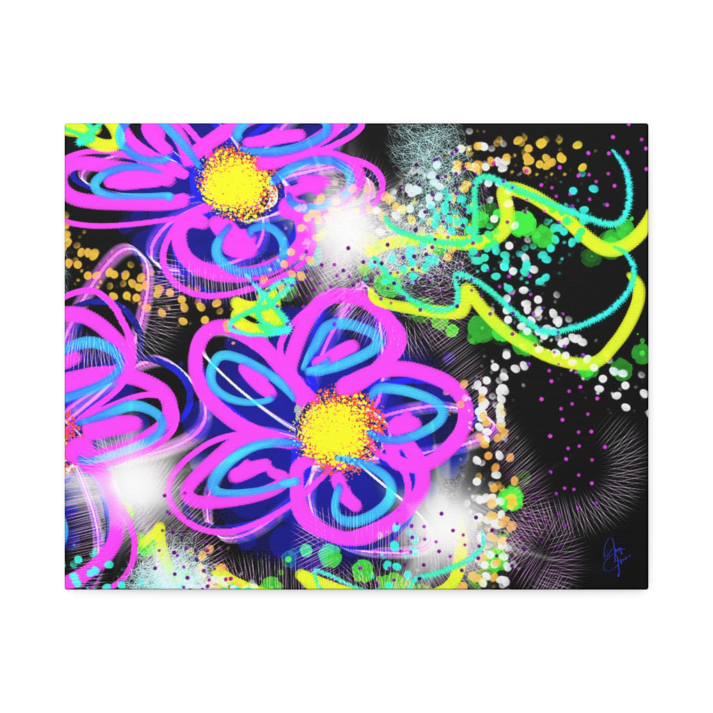 Vibrant Neon Floral Canvas Print — Pink & Green Stretched Wall Art