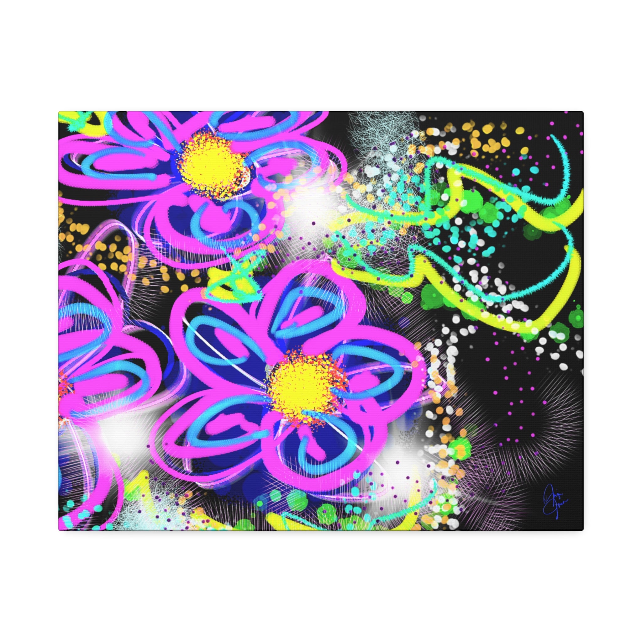 Vibrant Neon Floral Canvas Print — Pink & Green Stretched Wall Art