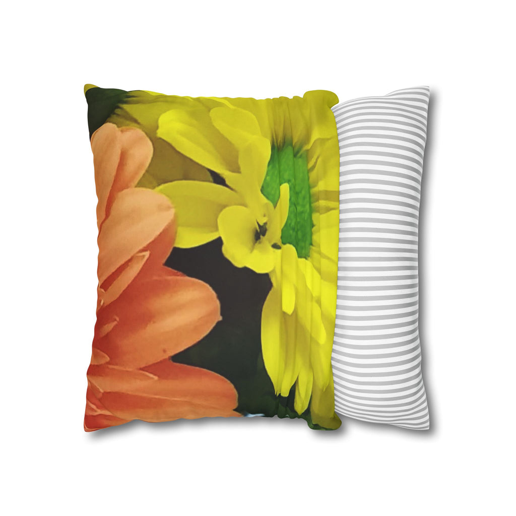 Floral Faux Suede Pillowcase — Yellow & Peach Daisy Accent Cushion Cover