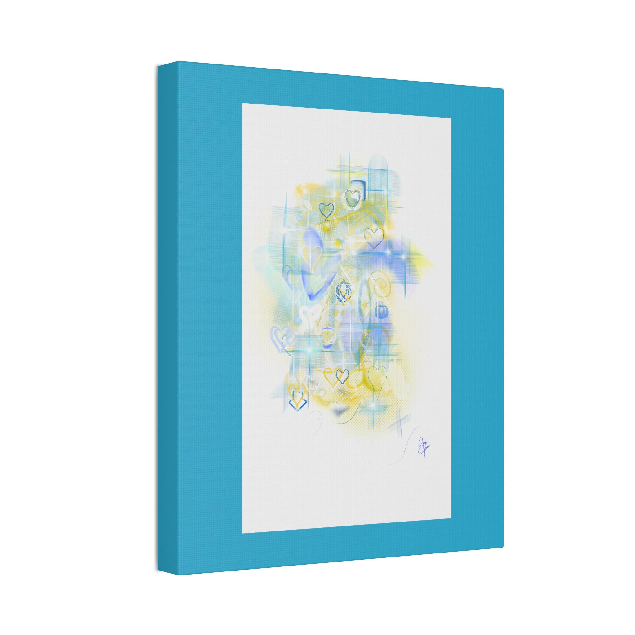 Pastel Heart Abstract Canvas Print — Blue & Yellow Stretched Wall Art (1.5")