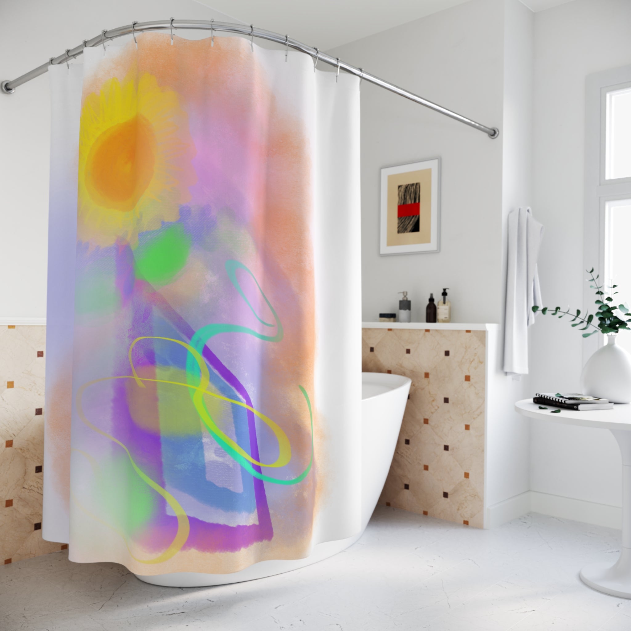 Sunflower Dream Shower Curtain — Pastel Abstract Floral Bathroom Decor