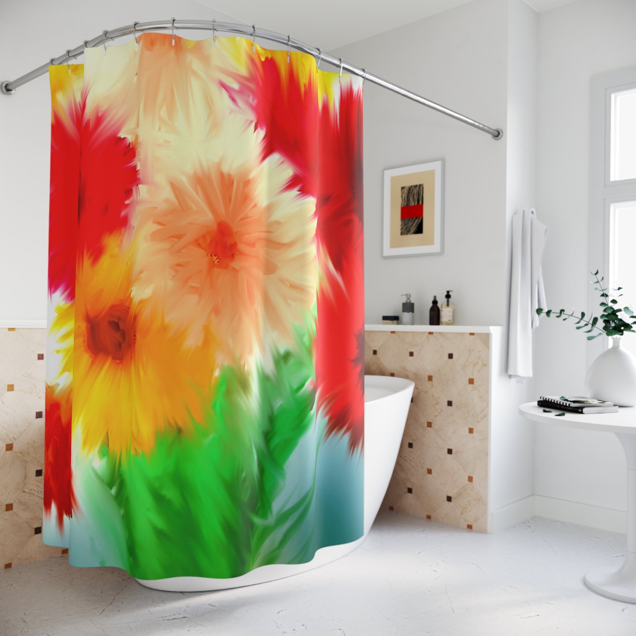 Floral Burst Shower Curtain — Vibrant Watercolor Red & Yellow Flower Bathroom Decor