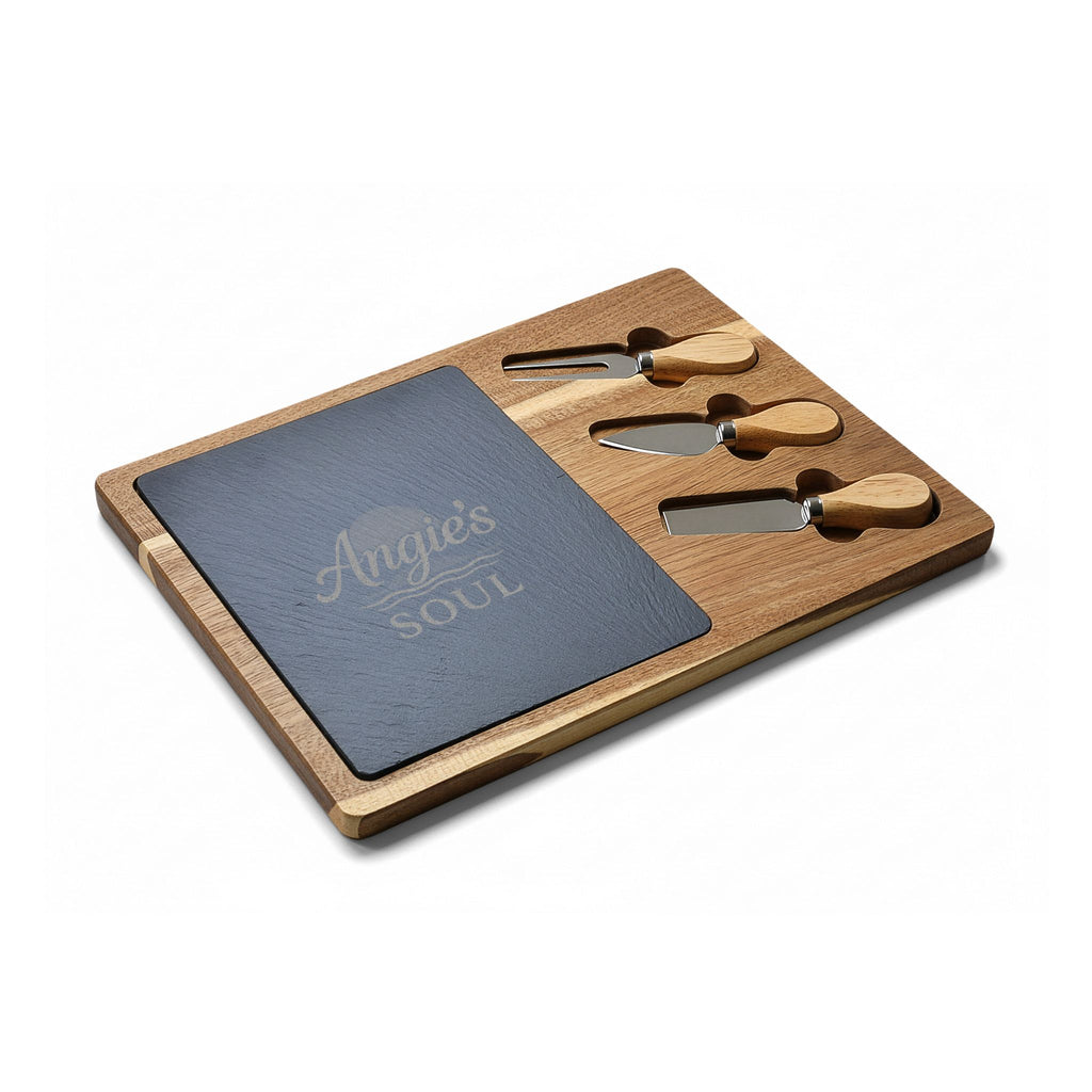 Engraved Acacia Charcuterie Board with Slate Insert & Cheese Knives — Personalized 'Angie's Soul' Design