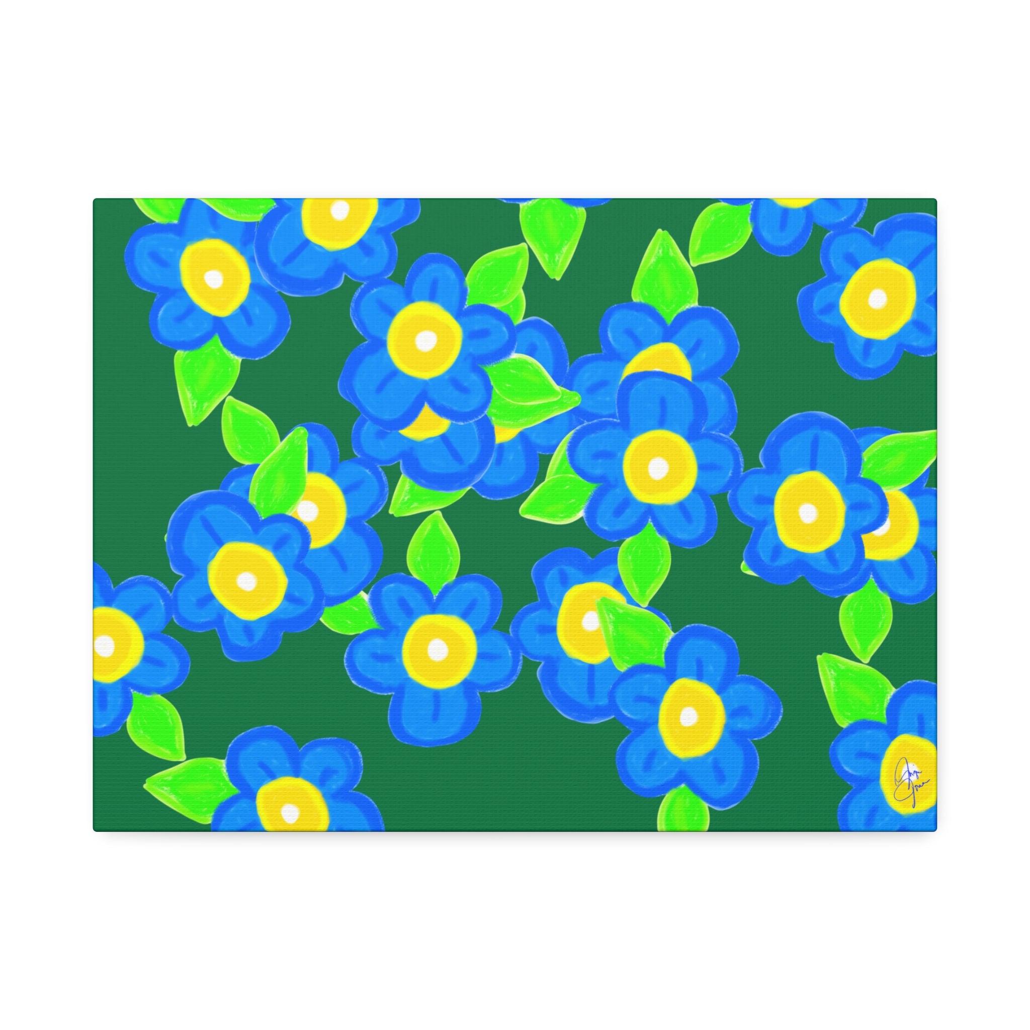 Blue Floral Canvas Wall Art — Bright Hand-Drawn Flowers on Mustard Background