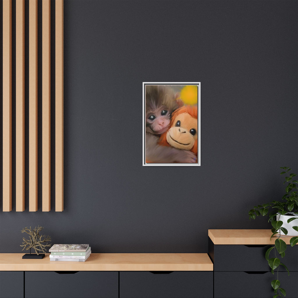 Framed Matte Canvas Print — Baby Monkey & Plush Orangutan Wall Art