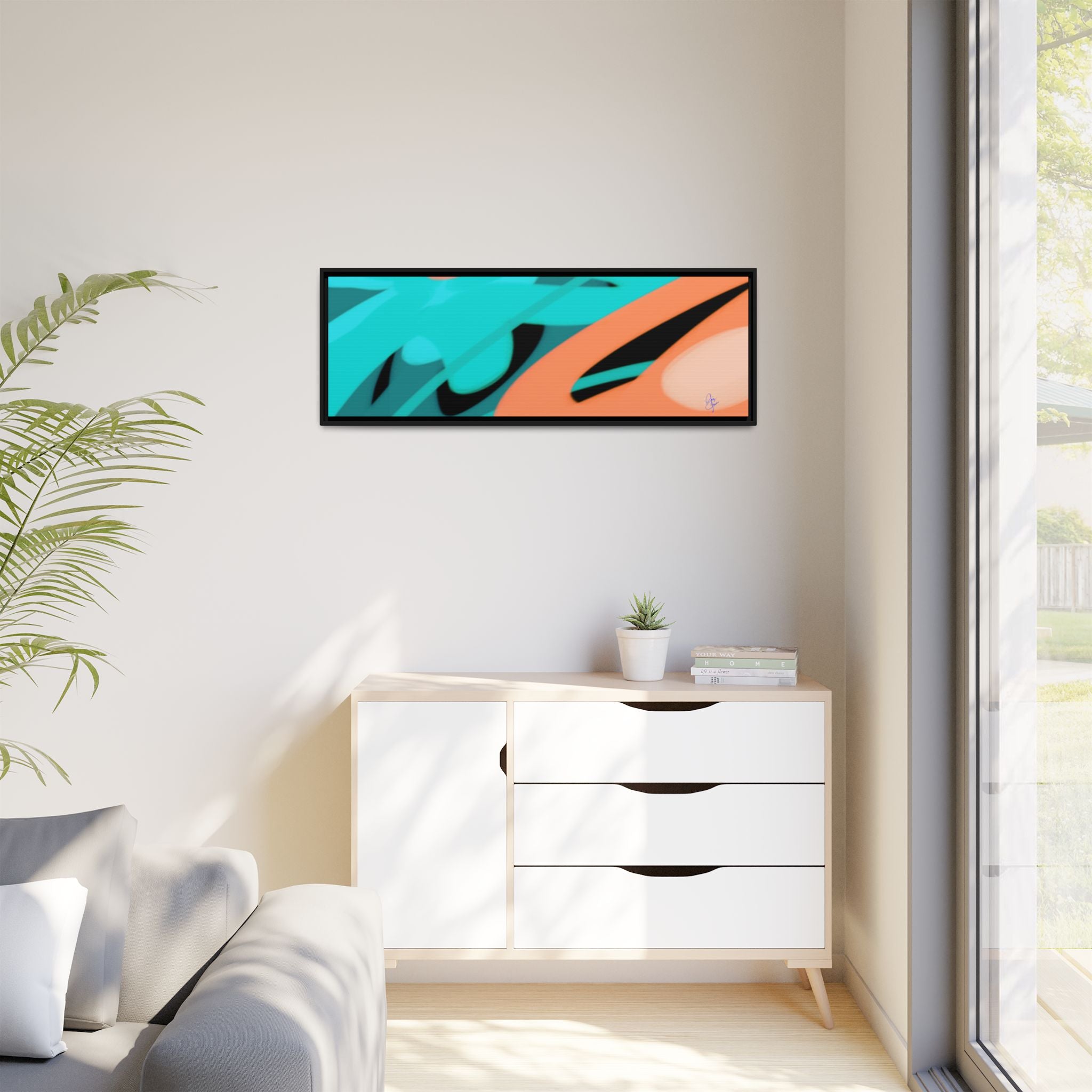 Abstract Teal & Coral Splash Framed Canvas