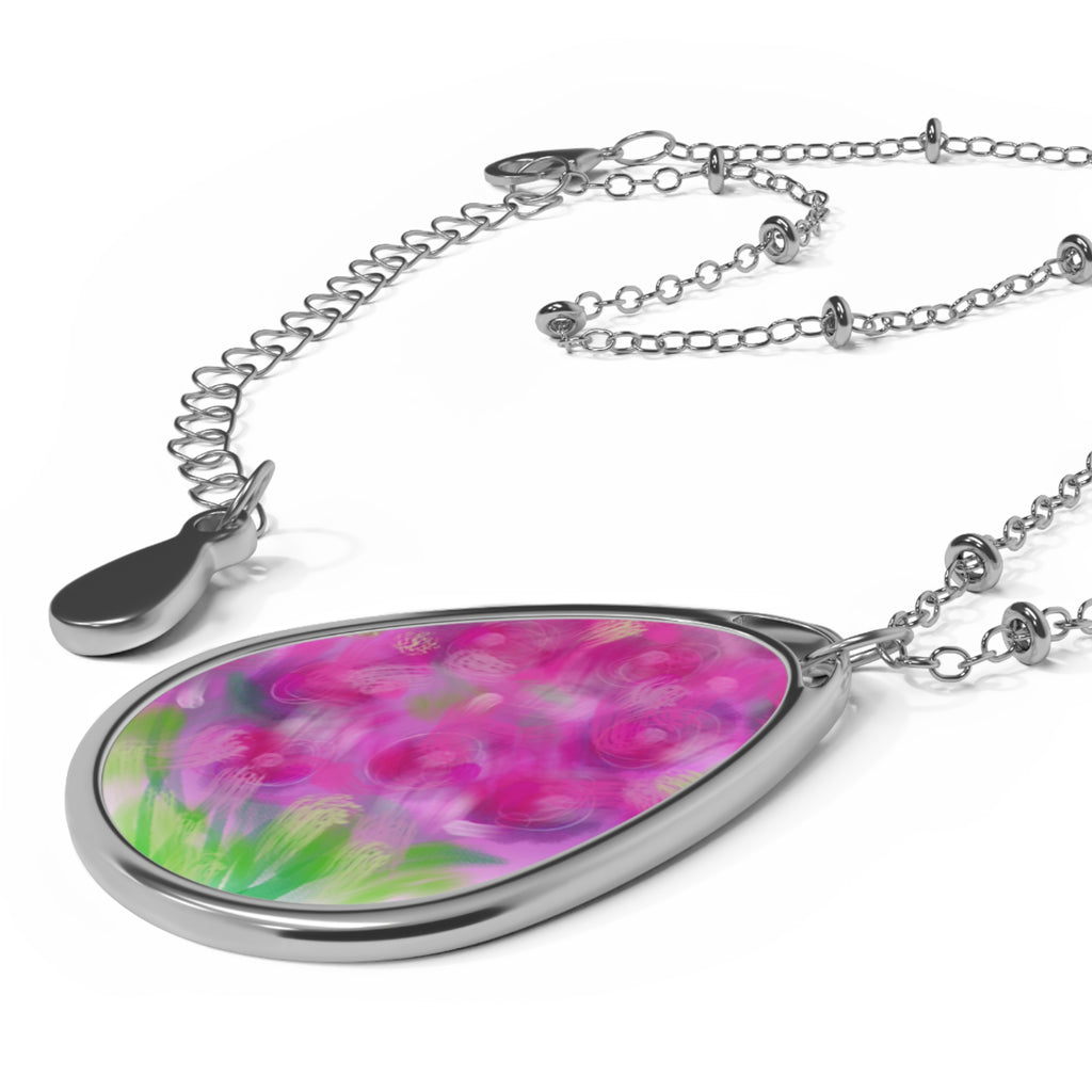 Oval Floral Pendant Necklace — Pink Blossom Teardrop Jewelry