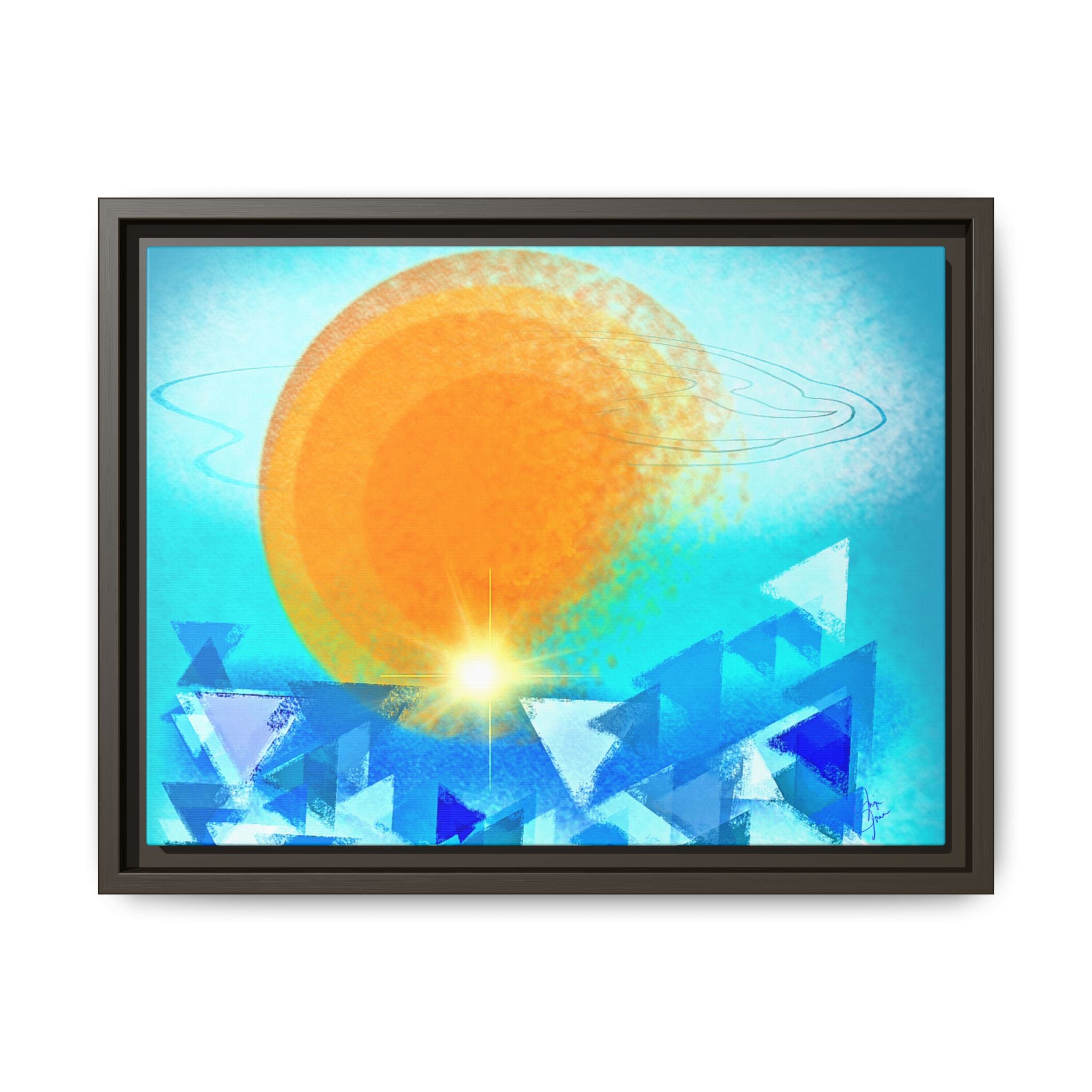 Abstract Sunrise Framed Canvas Art – Orange Sun Over Blue Geometric Waves