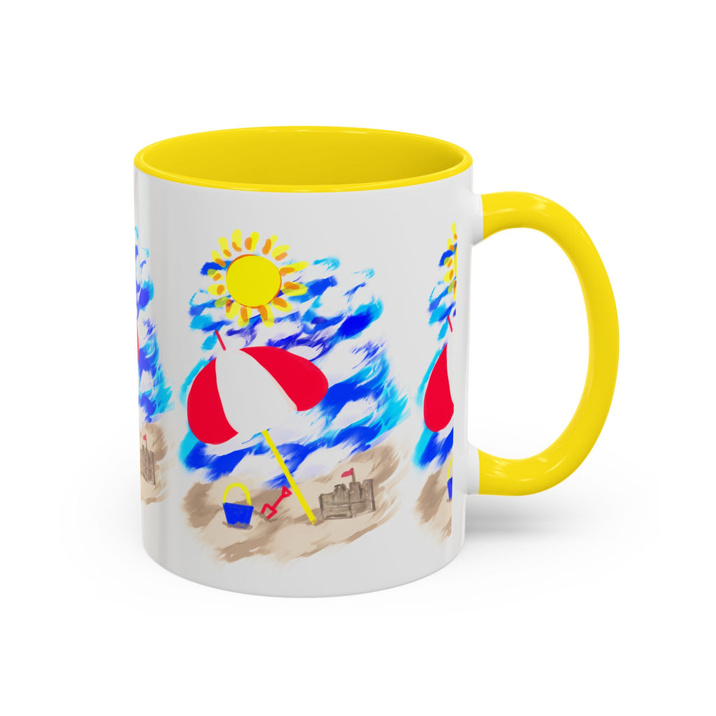 Beach Scene Coffee Mug – Summer Umbrella, Sun & Sandcastle Accent Mug