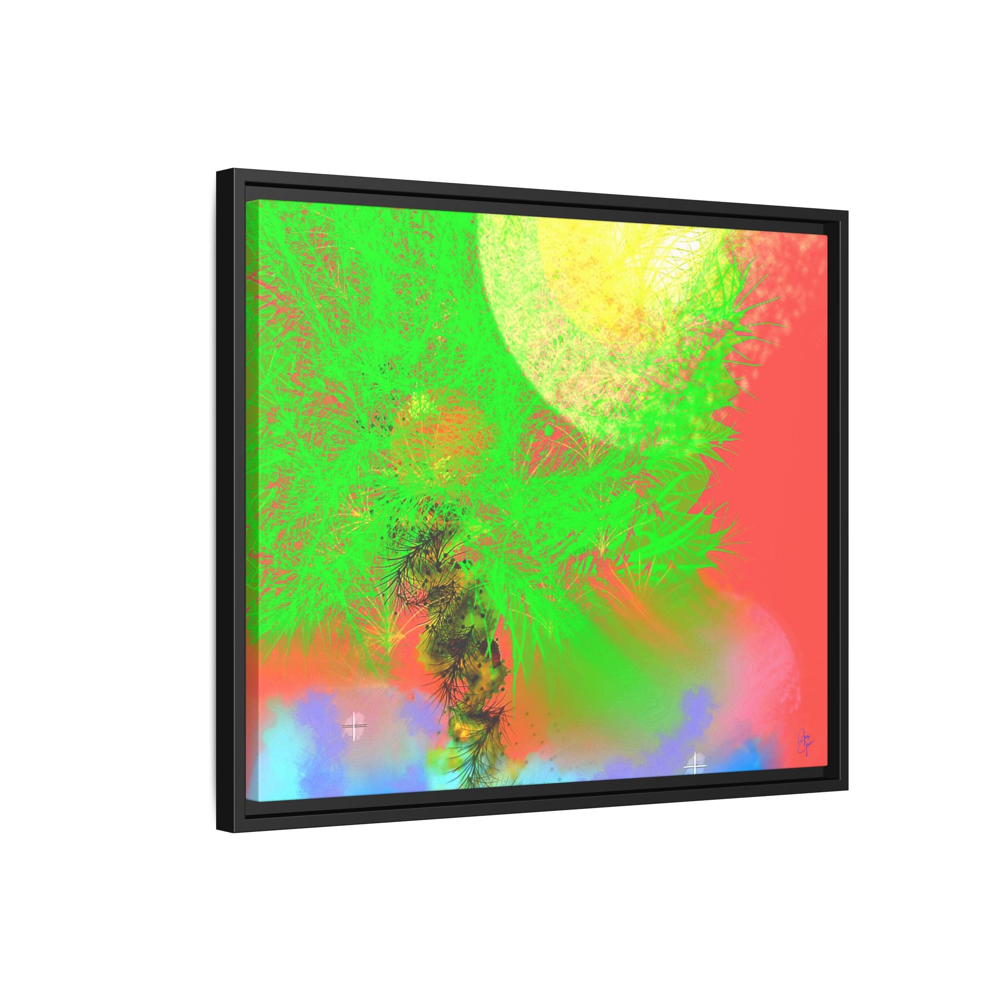 Abstract Neon Tree Matte Canvas Framed Art — Vibrant Green Moon Landscape