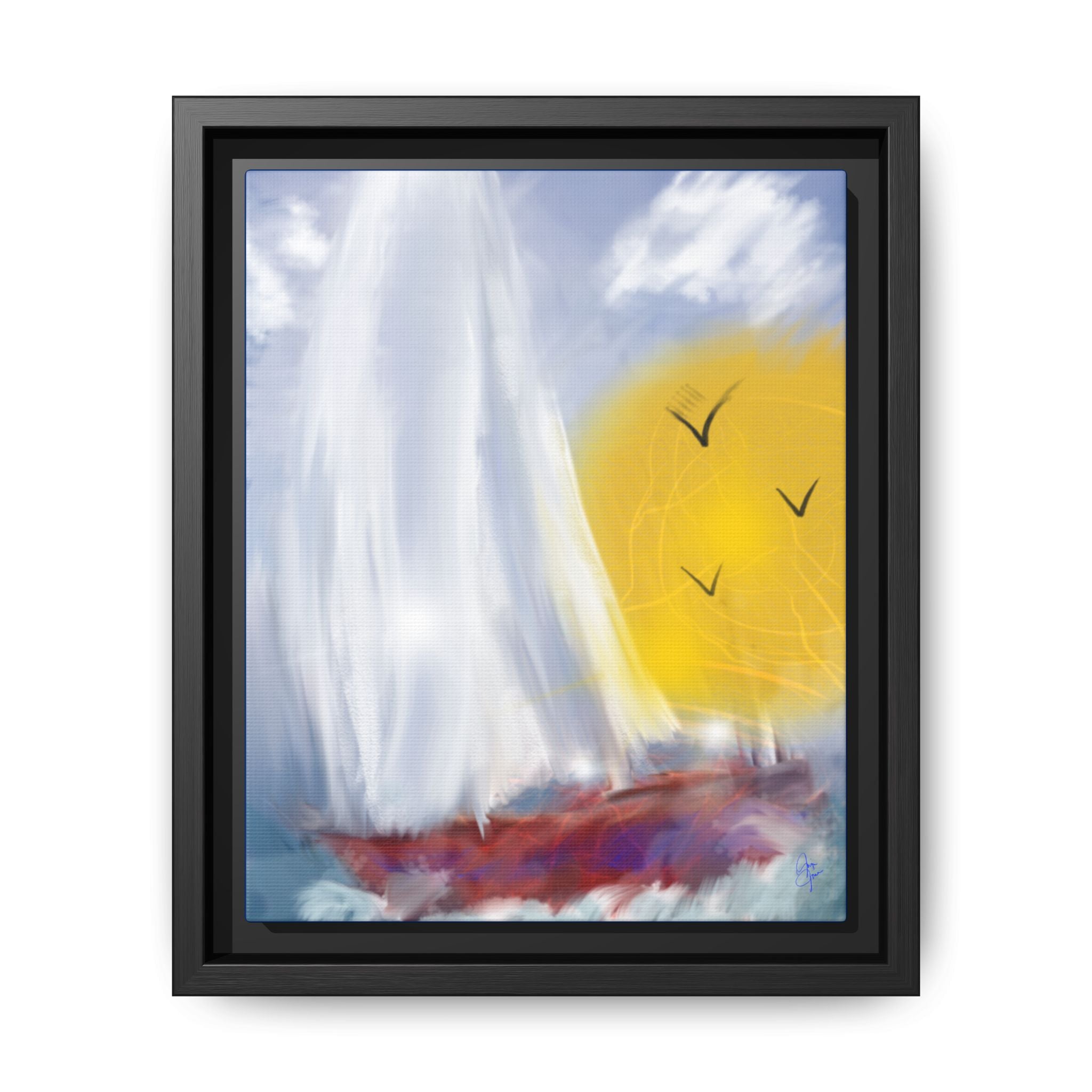 Sailboat Sunset Matte Framed Canvas Print — Coastal Seascape Wall Art