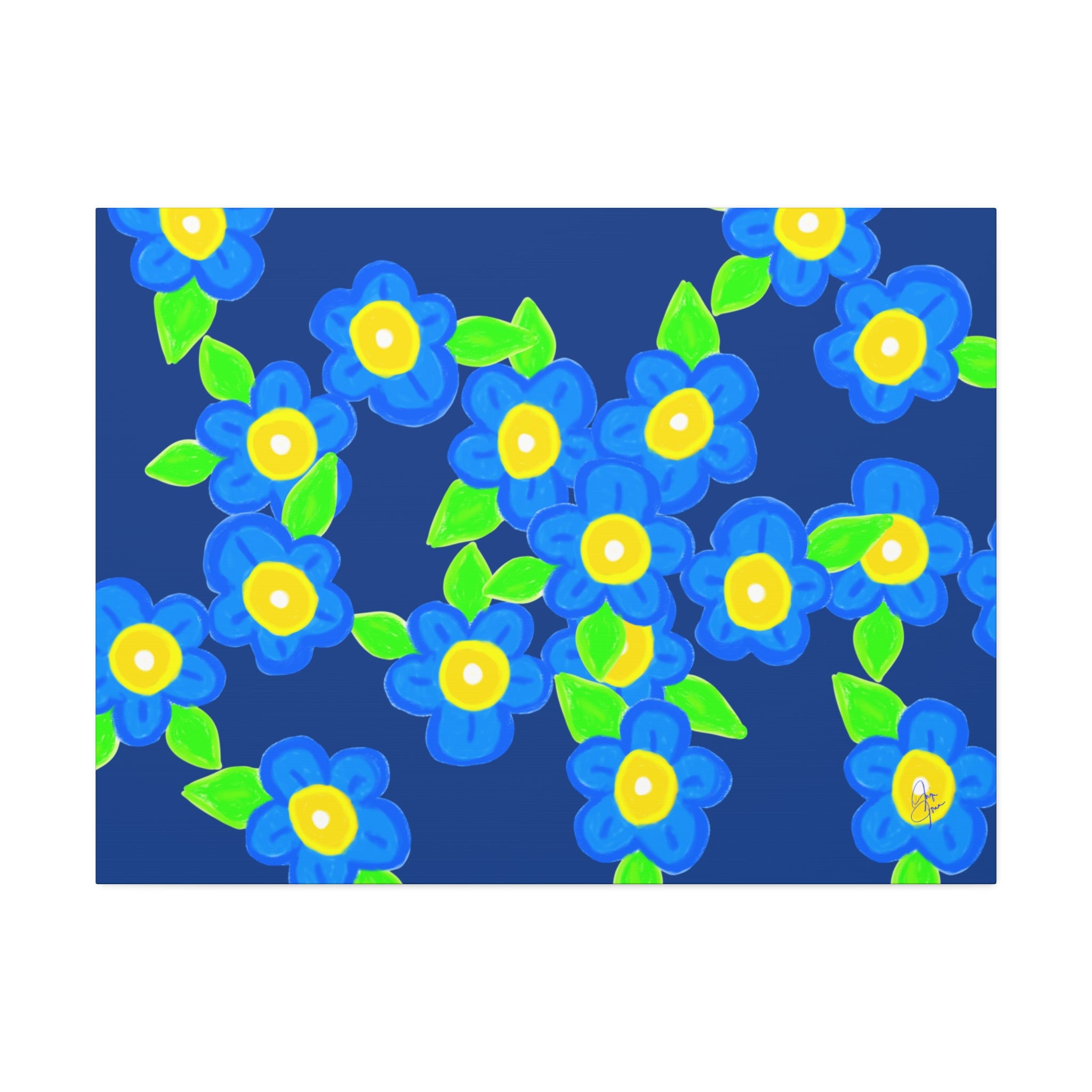 Blue Floral Canvas Wall Art — Bright Hand-Drawn Flowers on Mustard Background