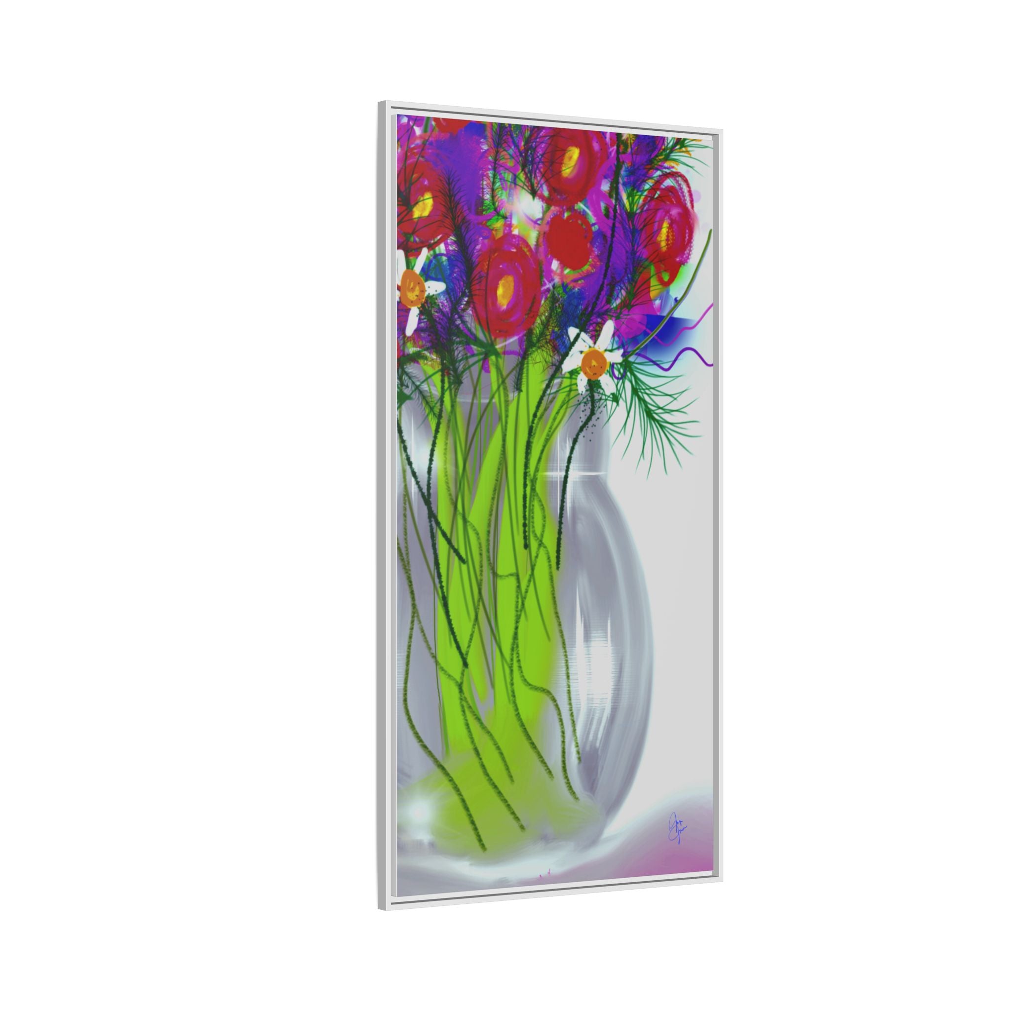 Framed Floral Bouquet Matte Canvas Wall Art — Colorful Abstract Flowers in Vase