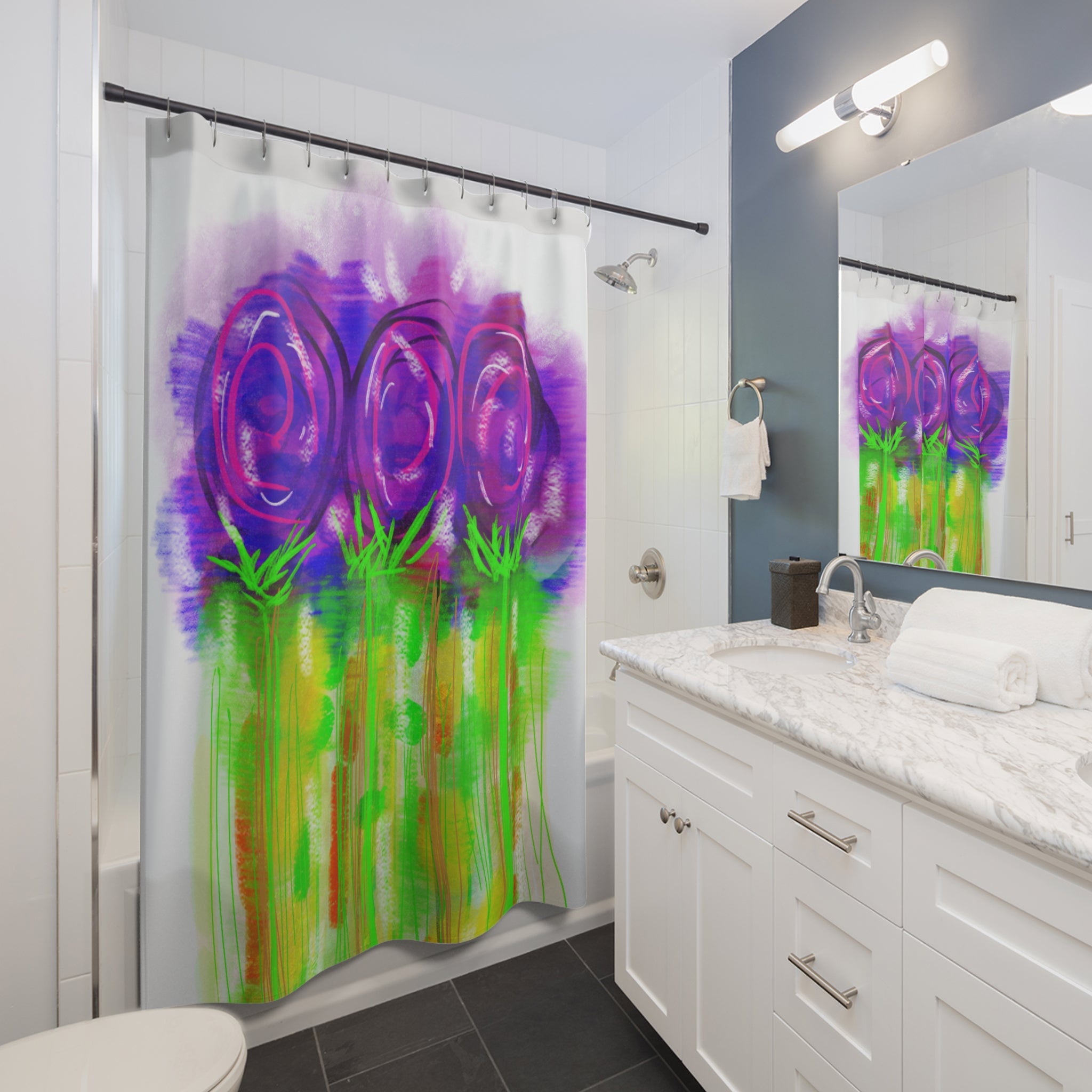 Purple Floral Shower Curtain – Abstract Watercolor Roses Bathroom Decor