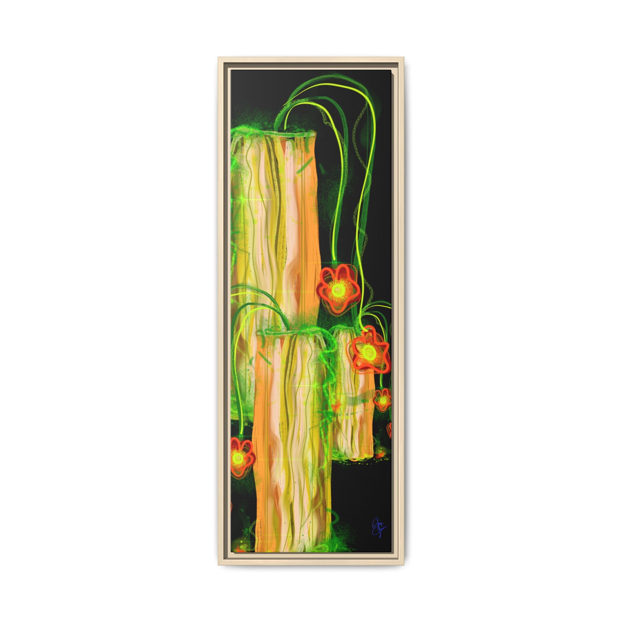 Framed Matte Canvas Print — Neon Floral Candlelight Art