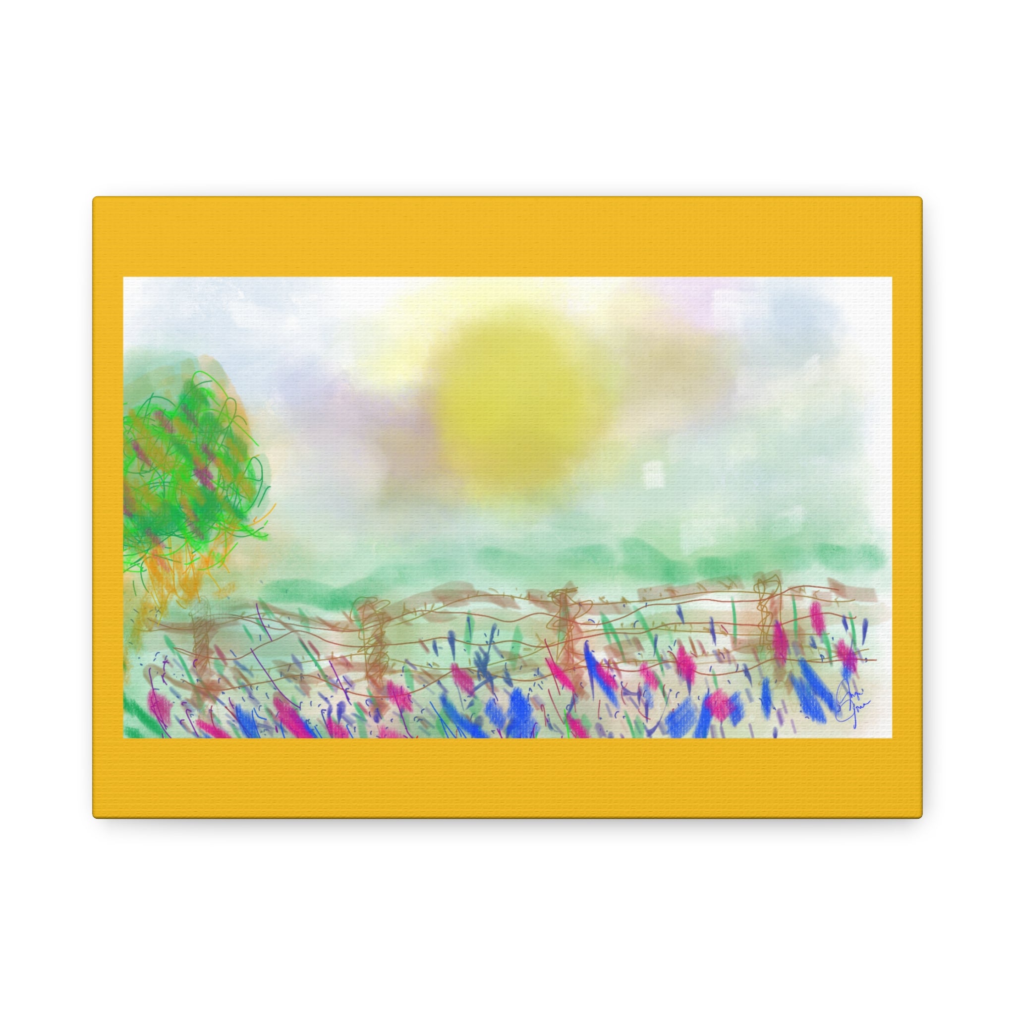 Sunlit Meadow Matte Canvas Wall Art — Pastel Landscape Stretched Canvas