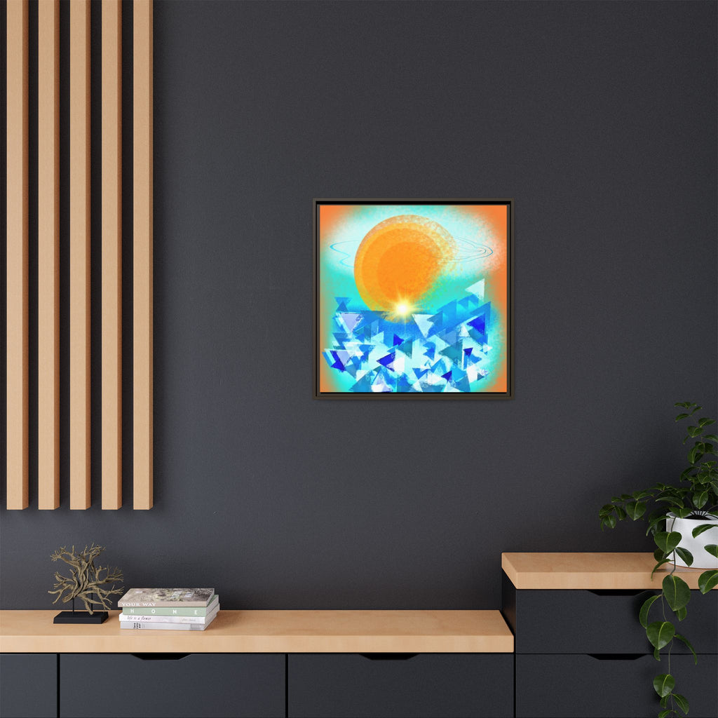 Abstract Sunrise Framed Canvas Art – Orange Sun Over Blue Geometric Waves