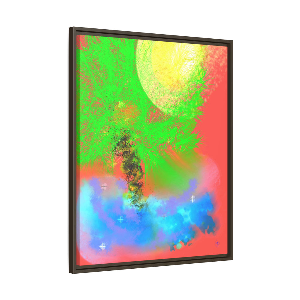 Abstract Neon Tree Matte Canvas Framed Art — Vibrant Green Moon Landscape