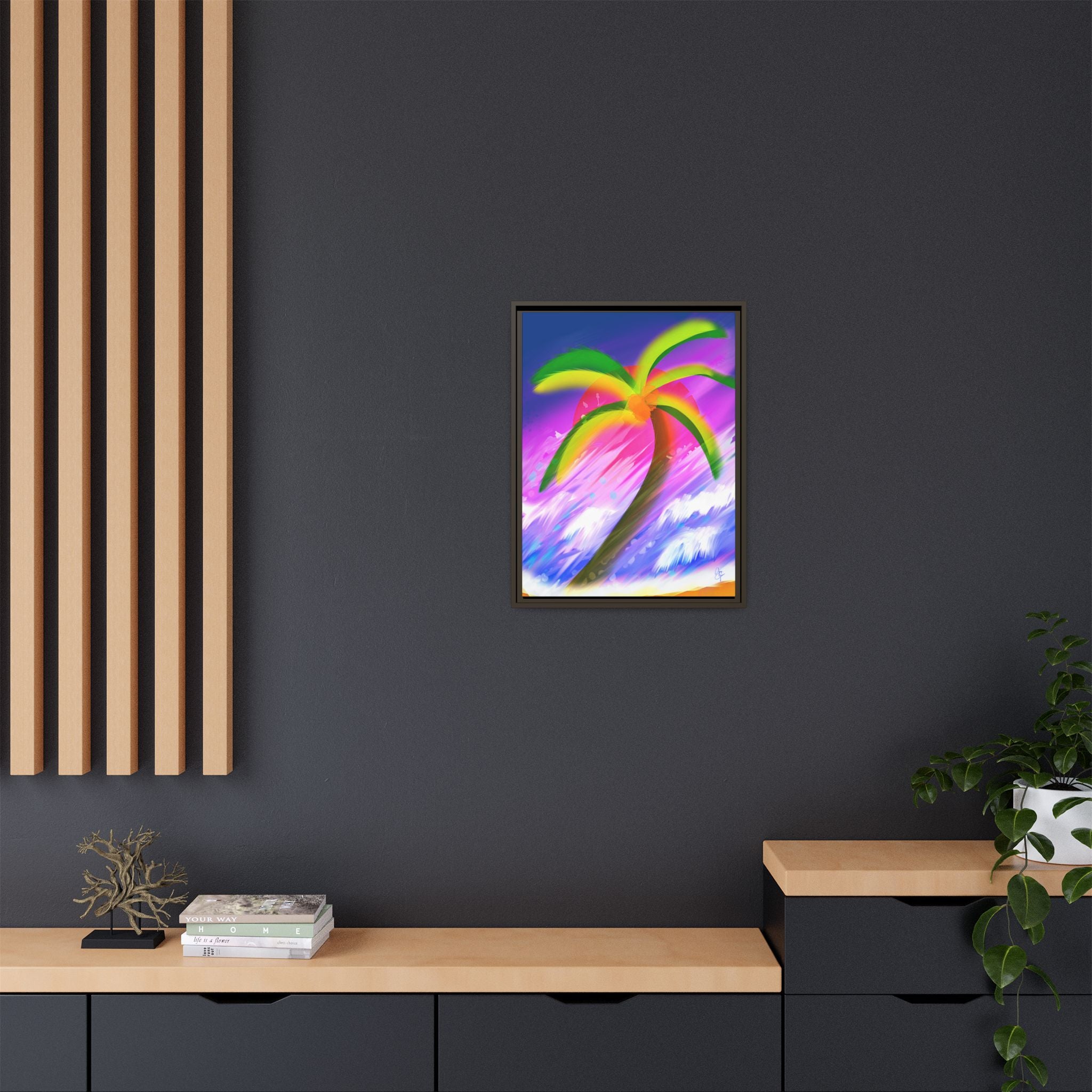 Framed Matte Canvas Print — Neon Palm Beach Art