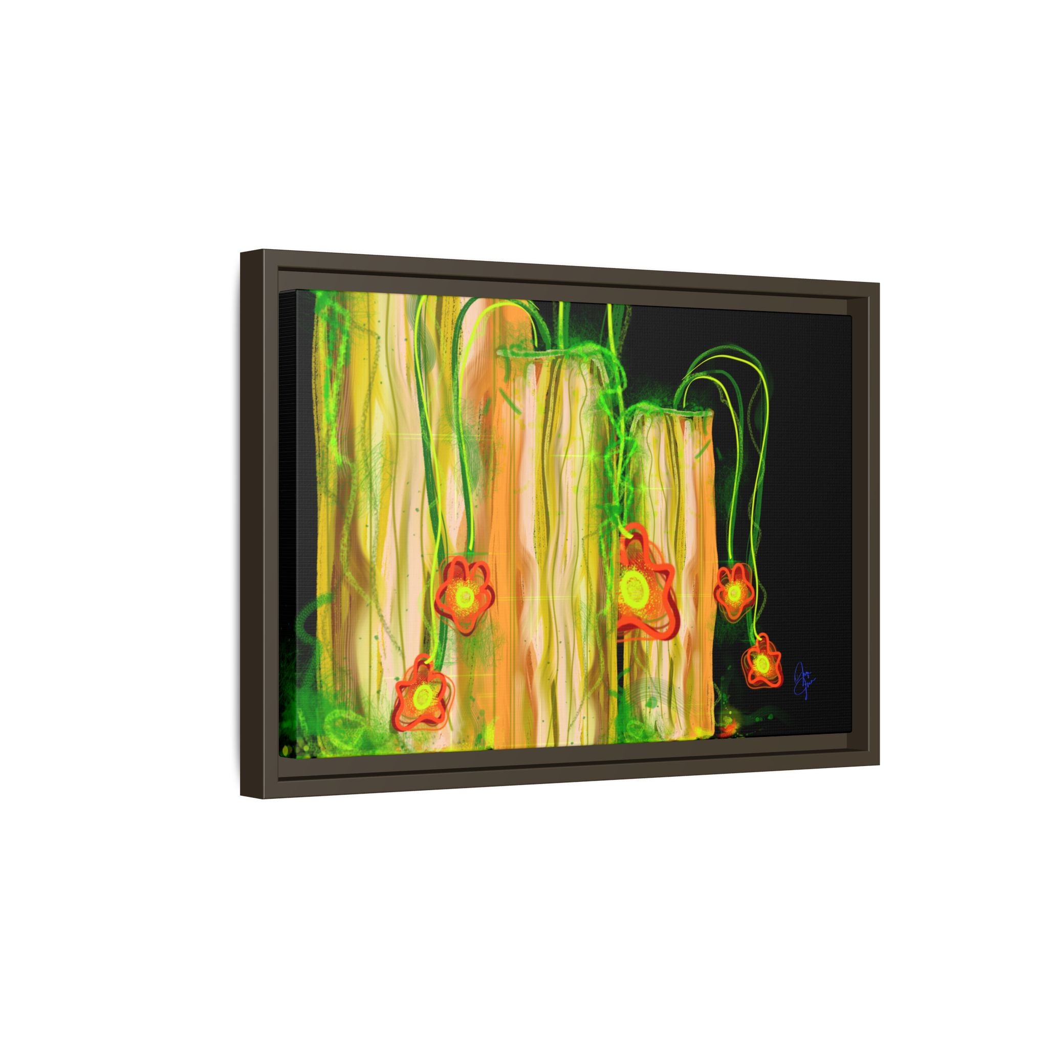 Framed Matte Canvas Print — Neon Floral Candlelight Art