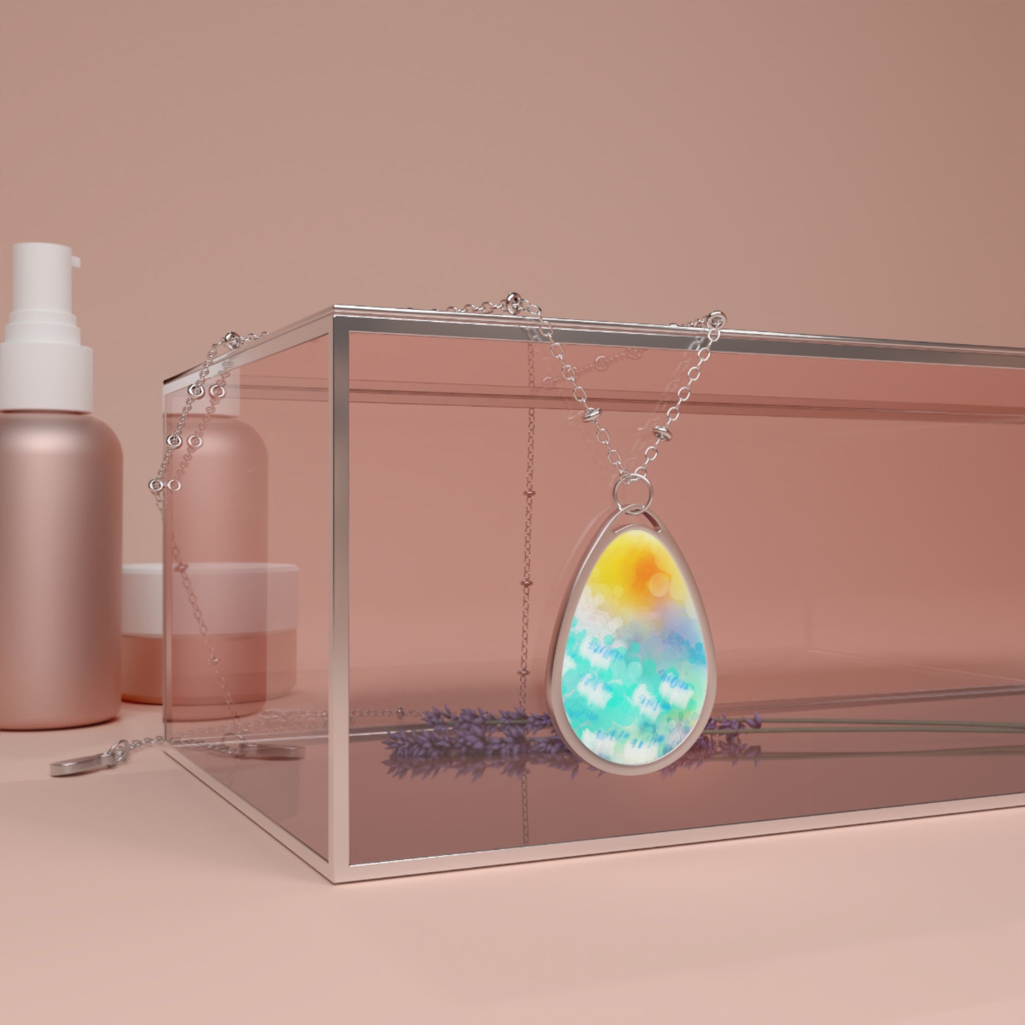 Oval Teardrop Sunrise Pendant Necklace — Colorful Beach Watercolor Oval Necklace
