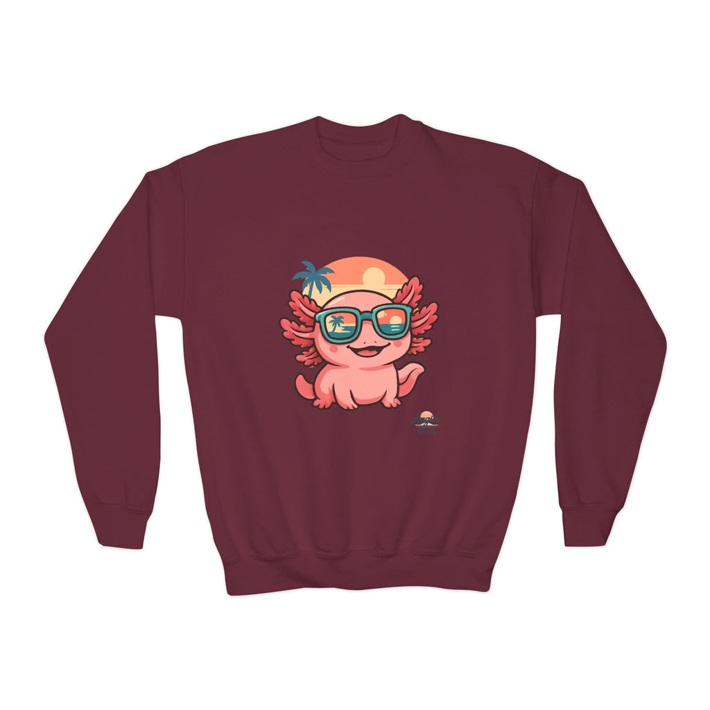 Axolotl Crewneck Sweatshirt — Cute Pink Axolotl with Sunglasses & Sunset