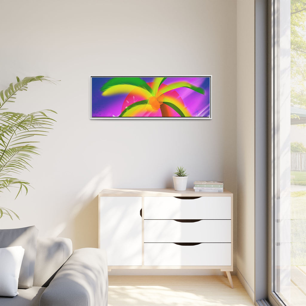 Framed Matte Canvas Print — Neon Palm Beach Art