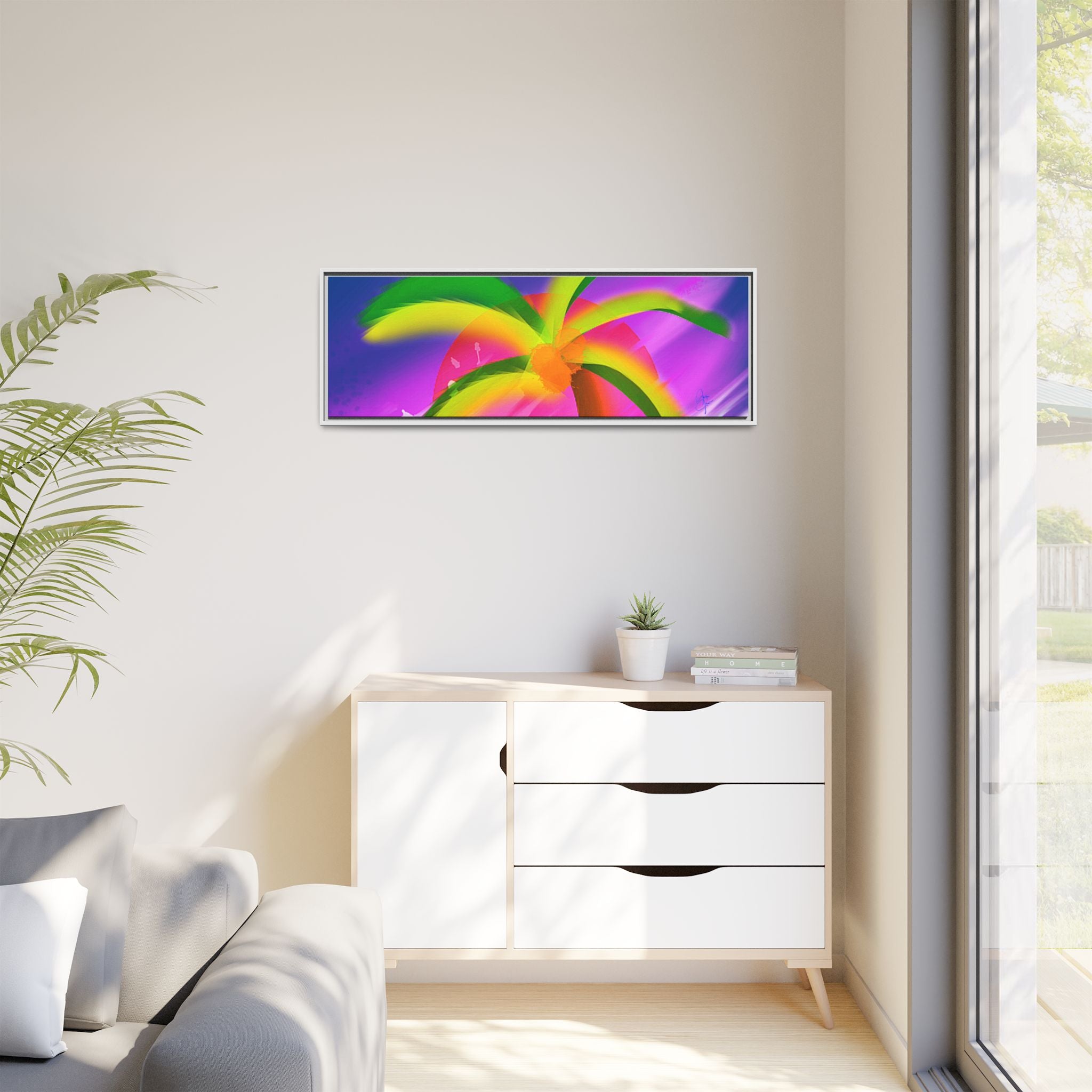 Framed Matte Canvas Print — Neon Palm Beach Art
