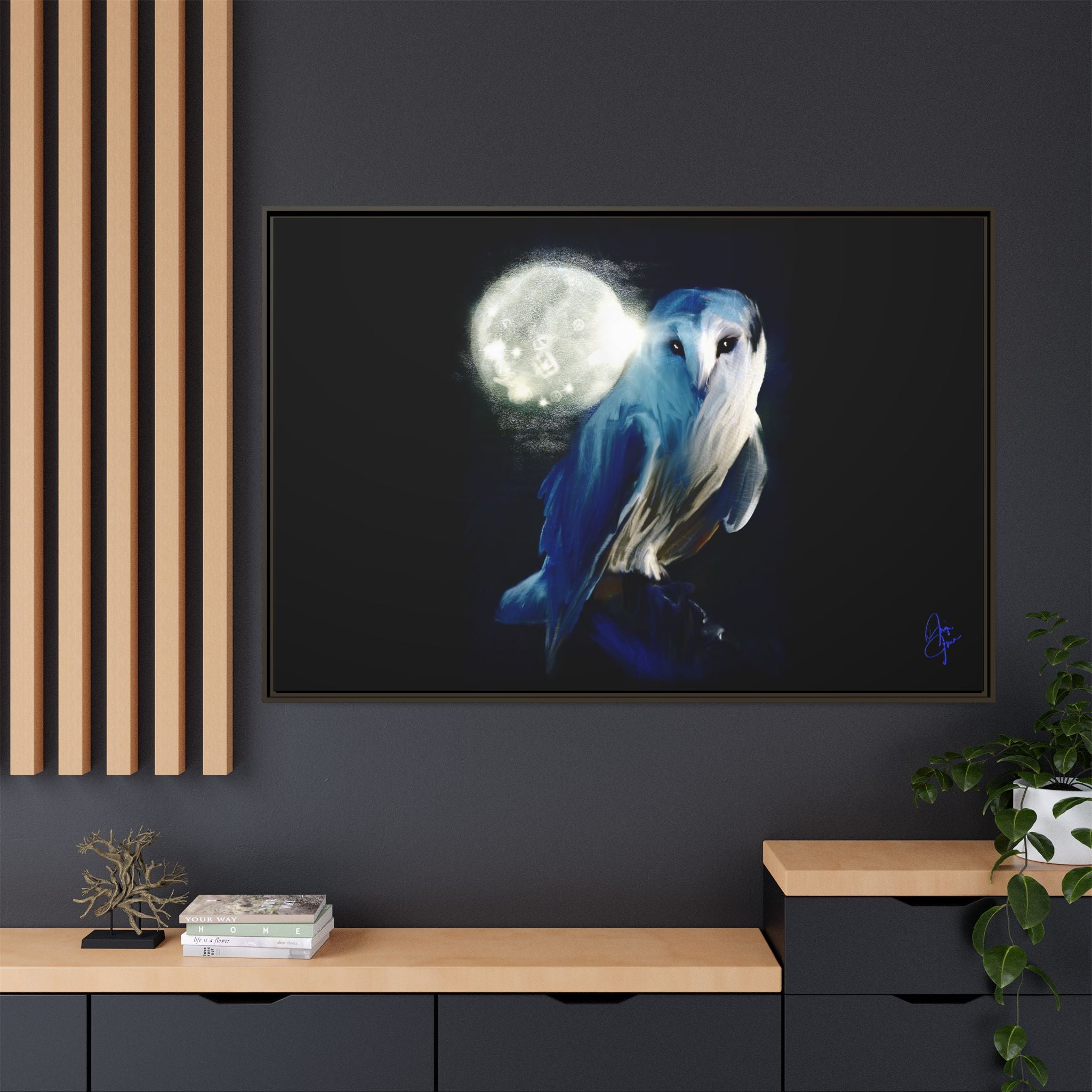 Moonlight Owl Matte Framed Canvas — Mystical Blue Owl Wall Art