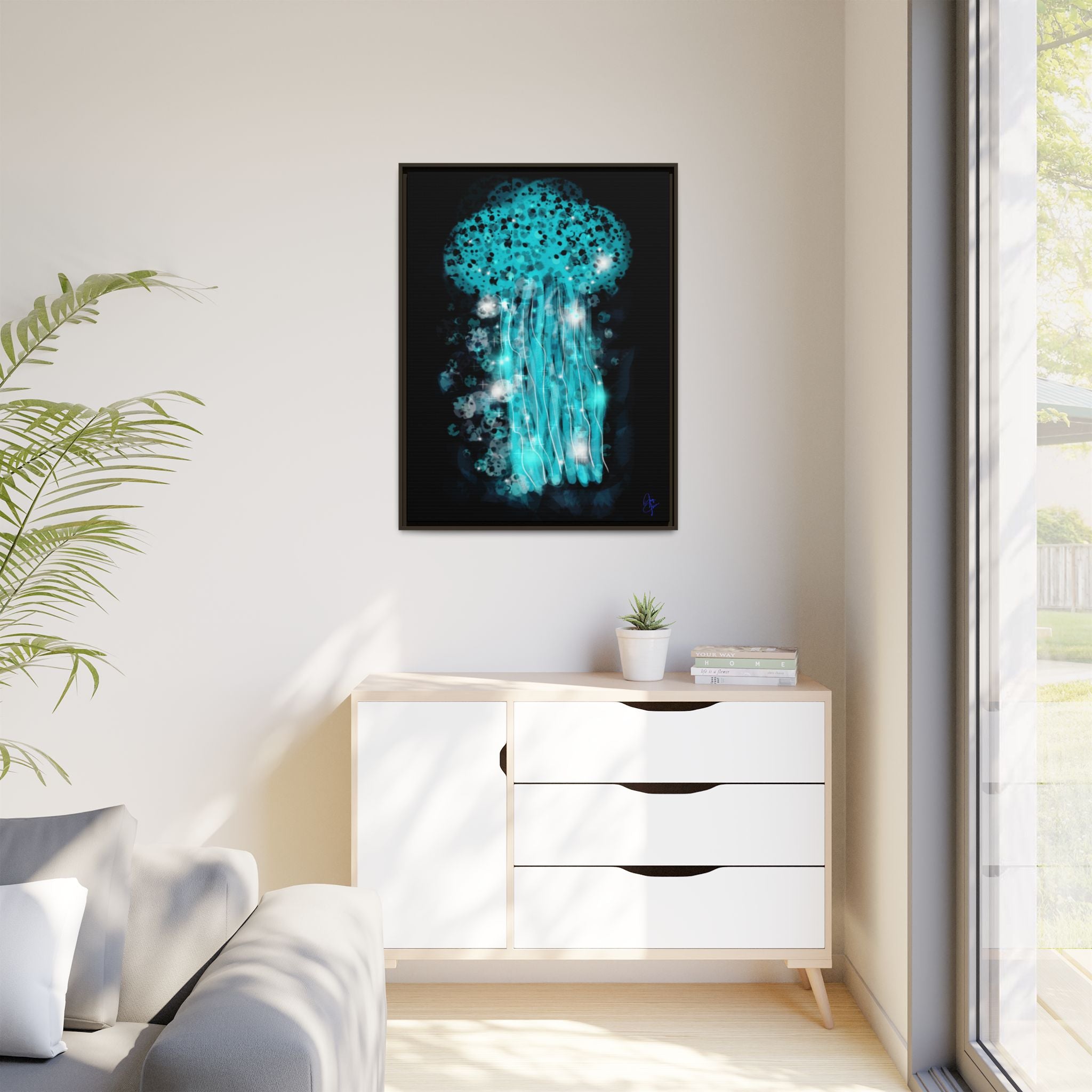 Glowing Jellyfish Art Print — Framed Matte Canvas