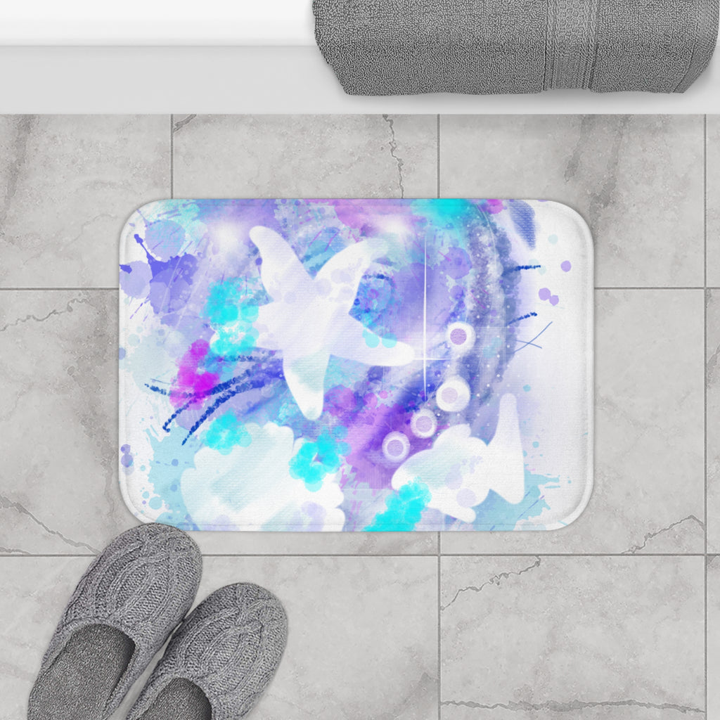 Ocean Watercolor Bath Mat — Sea Star Blue & Purple Beachy Bathroom Rug