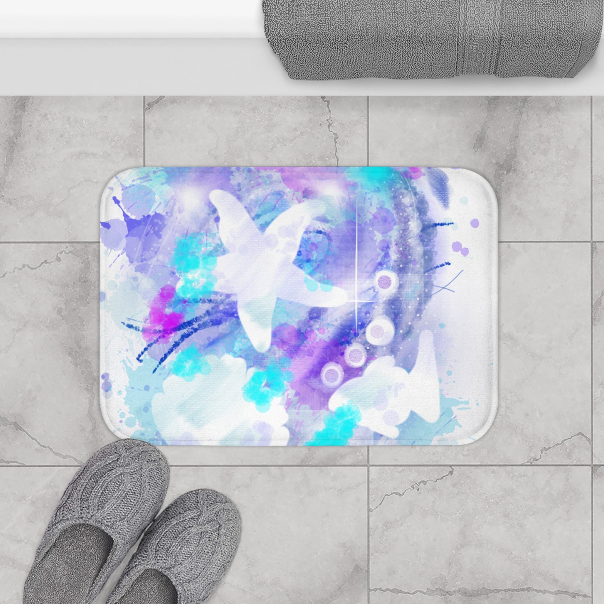Ocean Watercolor Bath Mat — Sea Star Blue & Purple Beachy Bathroom Rug