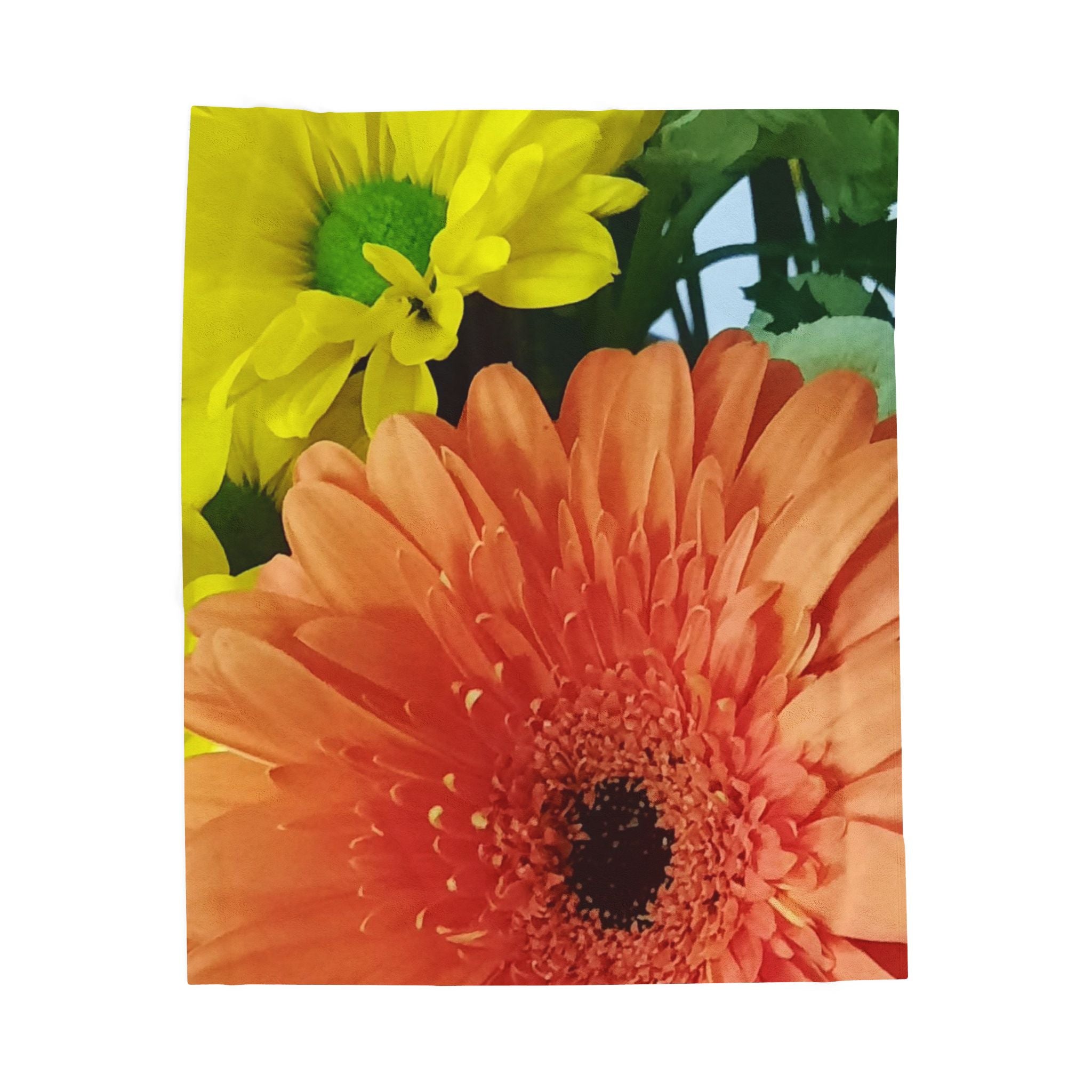 Velveteen Plush Blanket — Bright Orange Gerbera & Yellow Daisy Floral Throw
